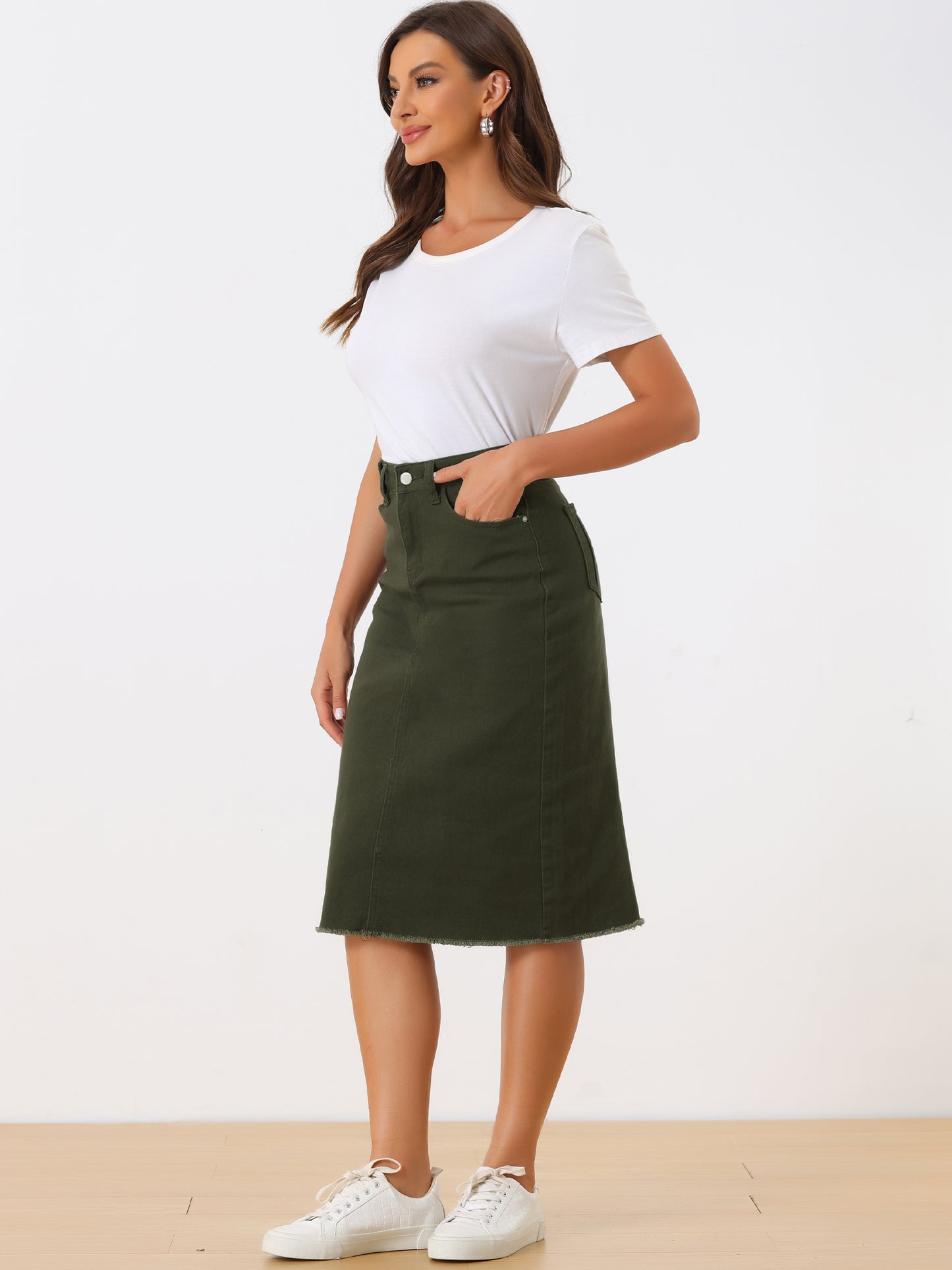 Women's Casual Jean Skirt High Waist Back Slit Stretch Denim Skirt (Available in Plus Size)