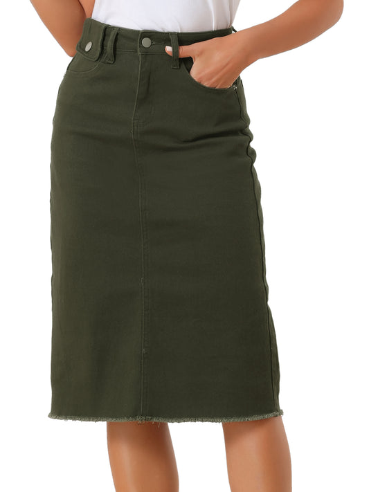 Women's Casual Jean Skirt High Waist Back Slit Stretch Denim Skirt (Available in Plus Size)