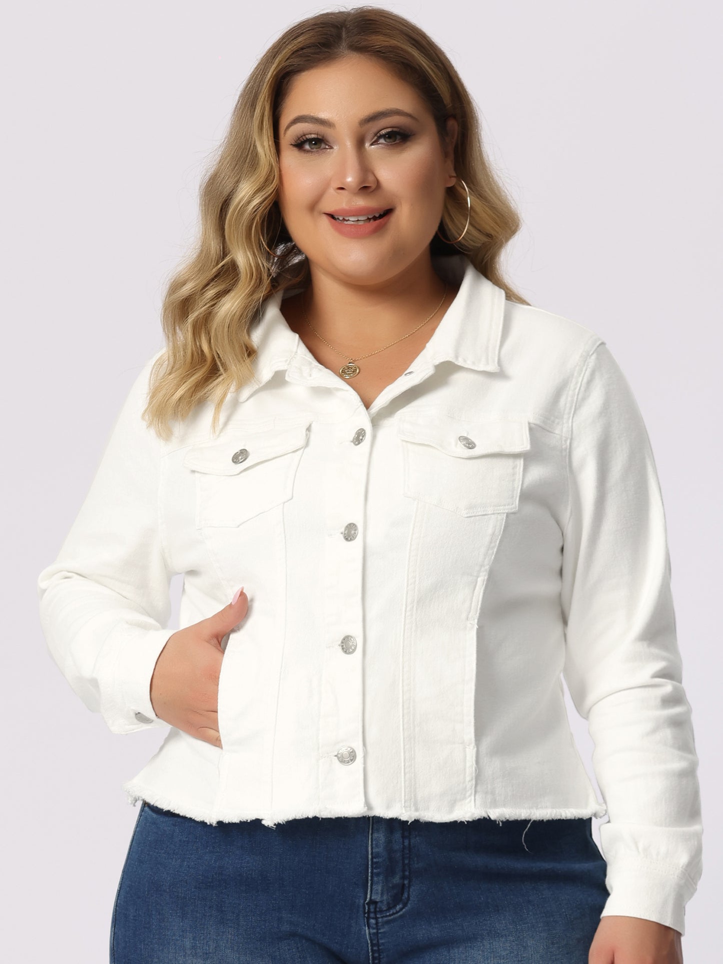 Women's Plus Size Classic Washed Front Frayed Denim Jacket