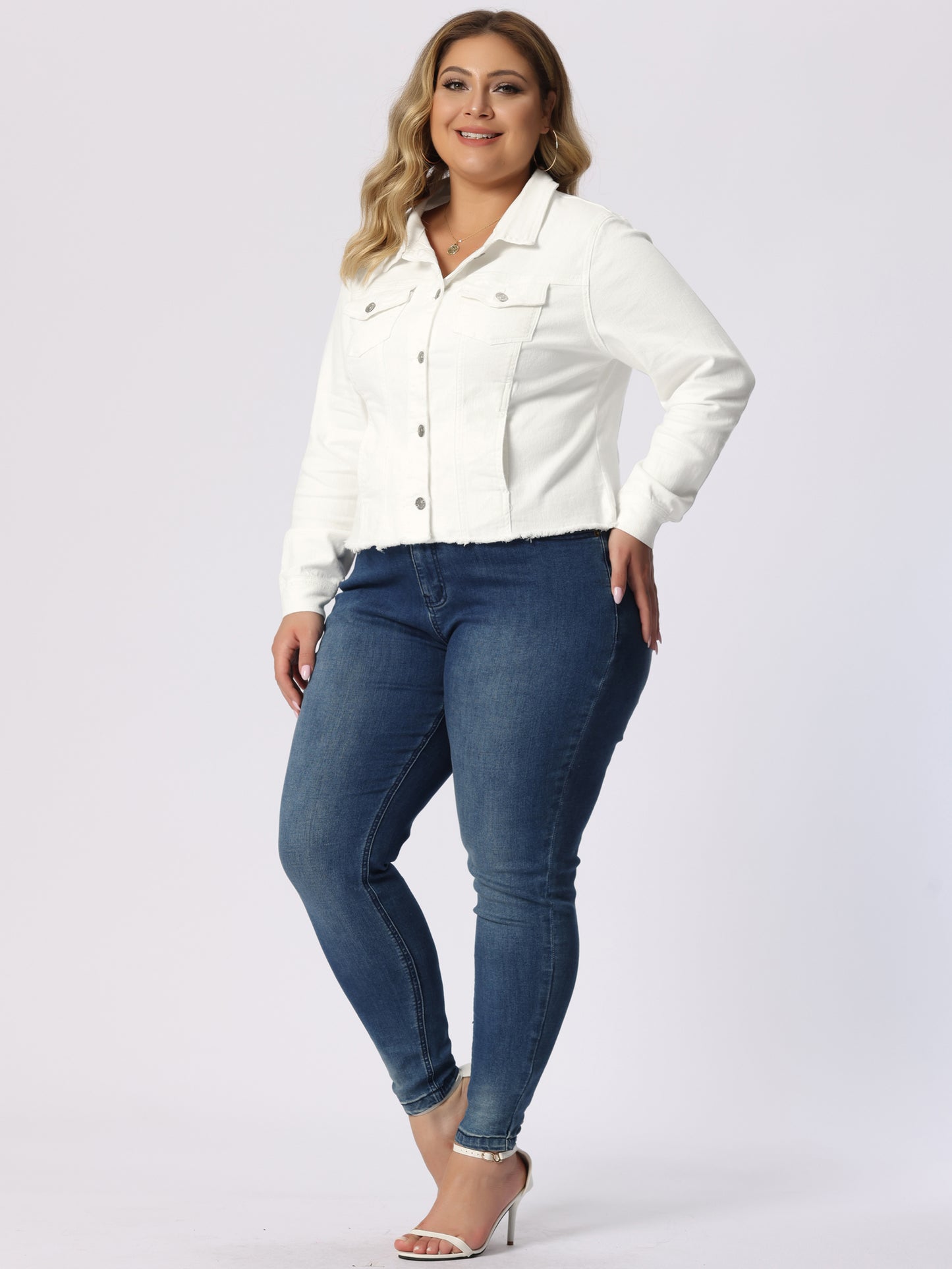 Women's Plus Size Classic Washed Front Frayed Denim Jacket