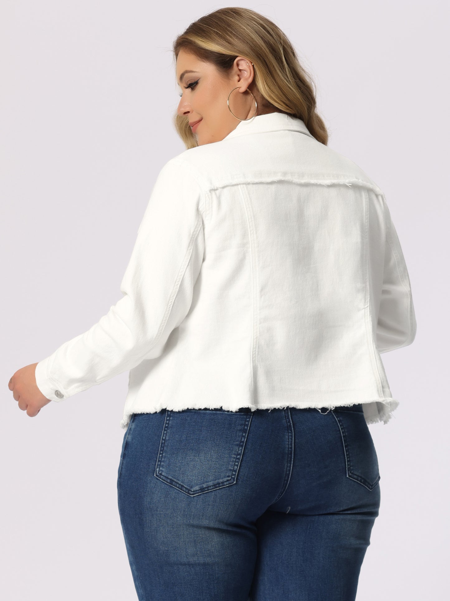 Women's Plus Size Classic Washed Front Frayed Denim Jacket