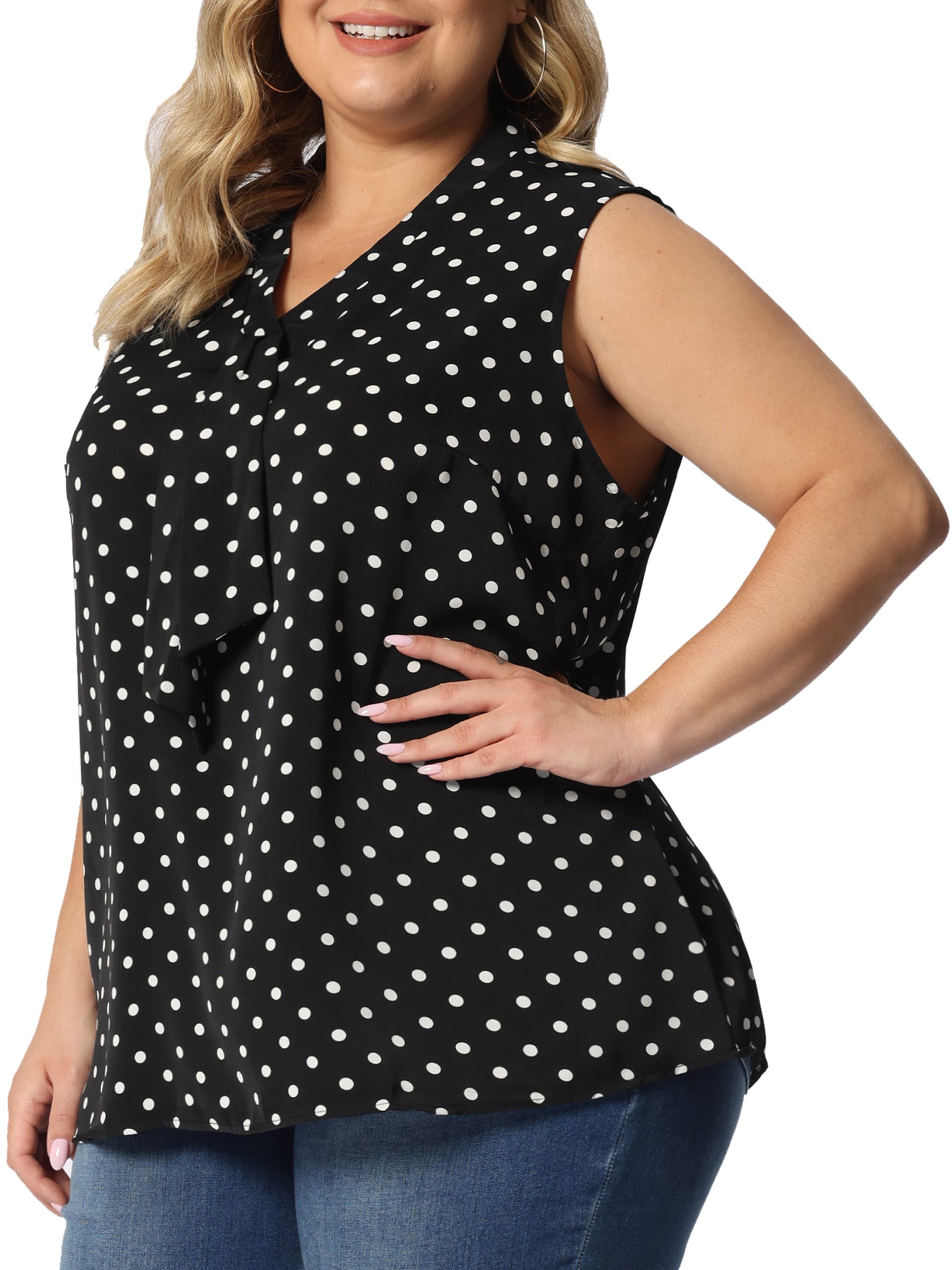 Women's Plus Size Polka Dots Summer V Neck Tie Neck Sleeveless Blouse Work Tank Top