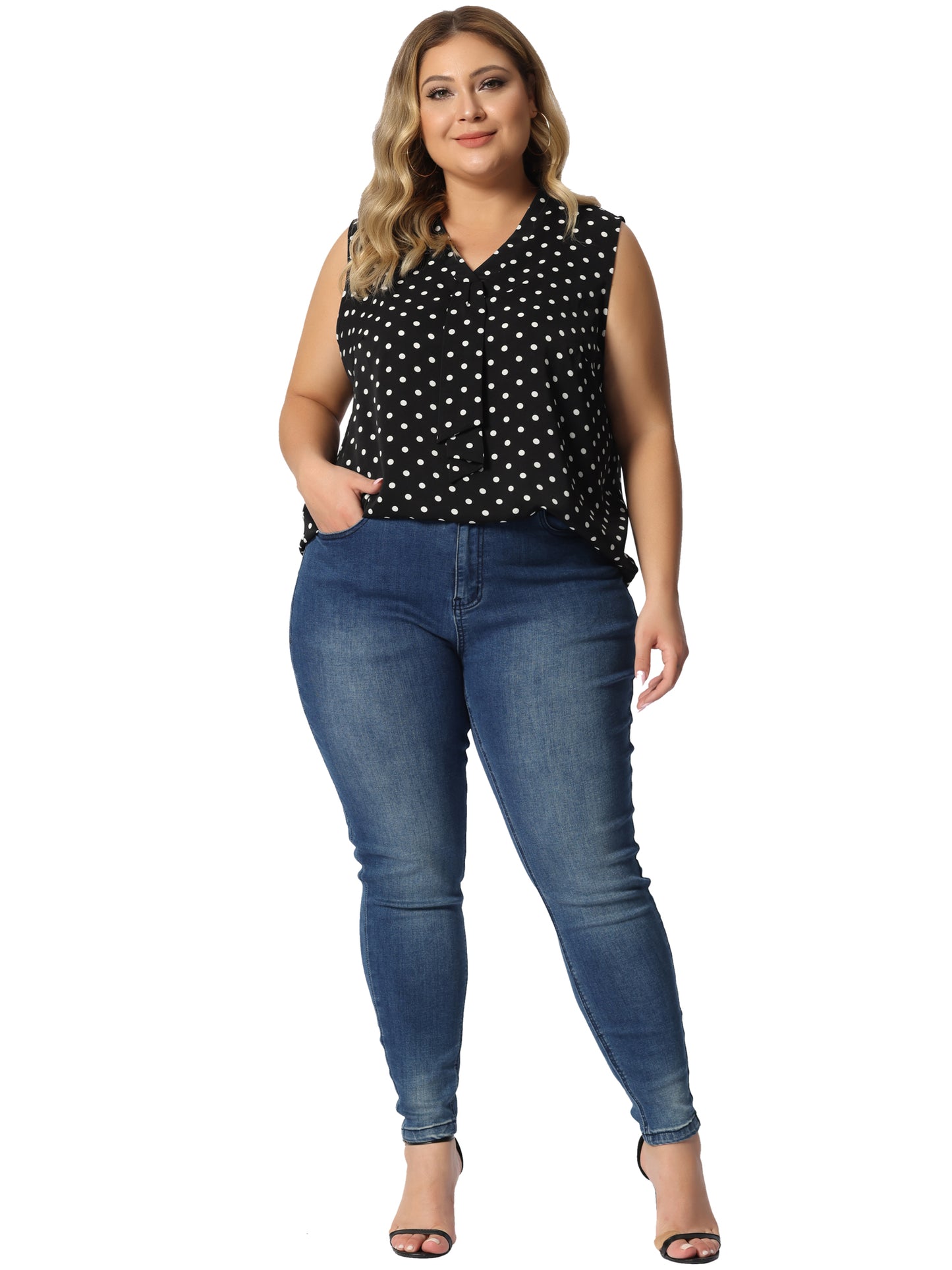 Women's Plus Size Polka Dots Summer V Neck Tie Neck Sleeveless Blouse Work Tank Top