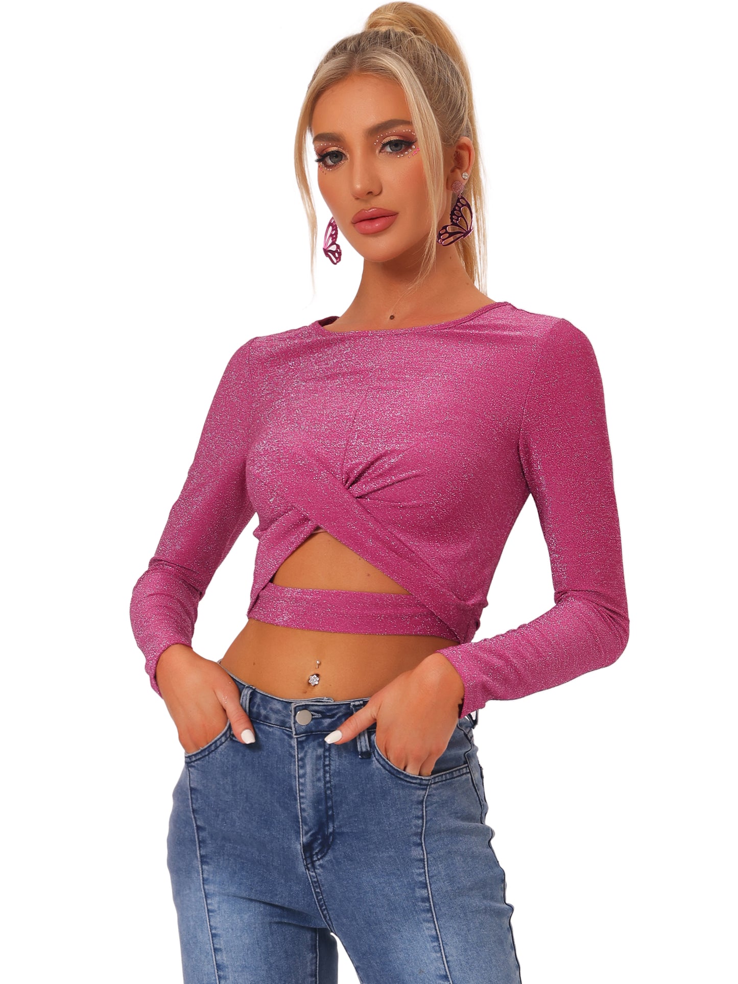 Women's Glitter Top Twist Fitted Long Sleeve Cutout Party Cropped Sparkly Top (Available in Plus Size)