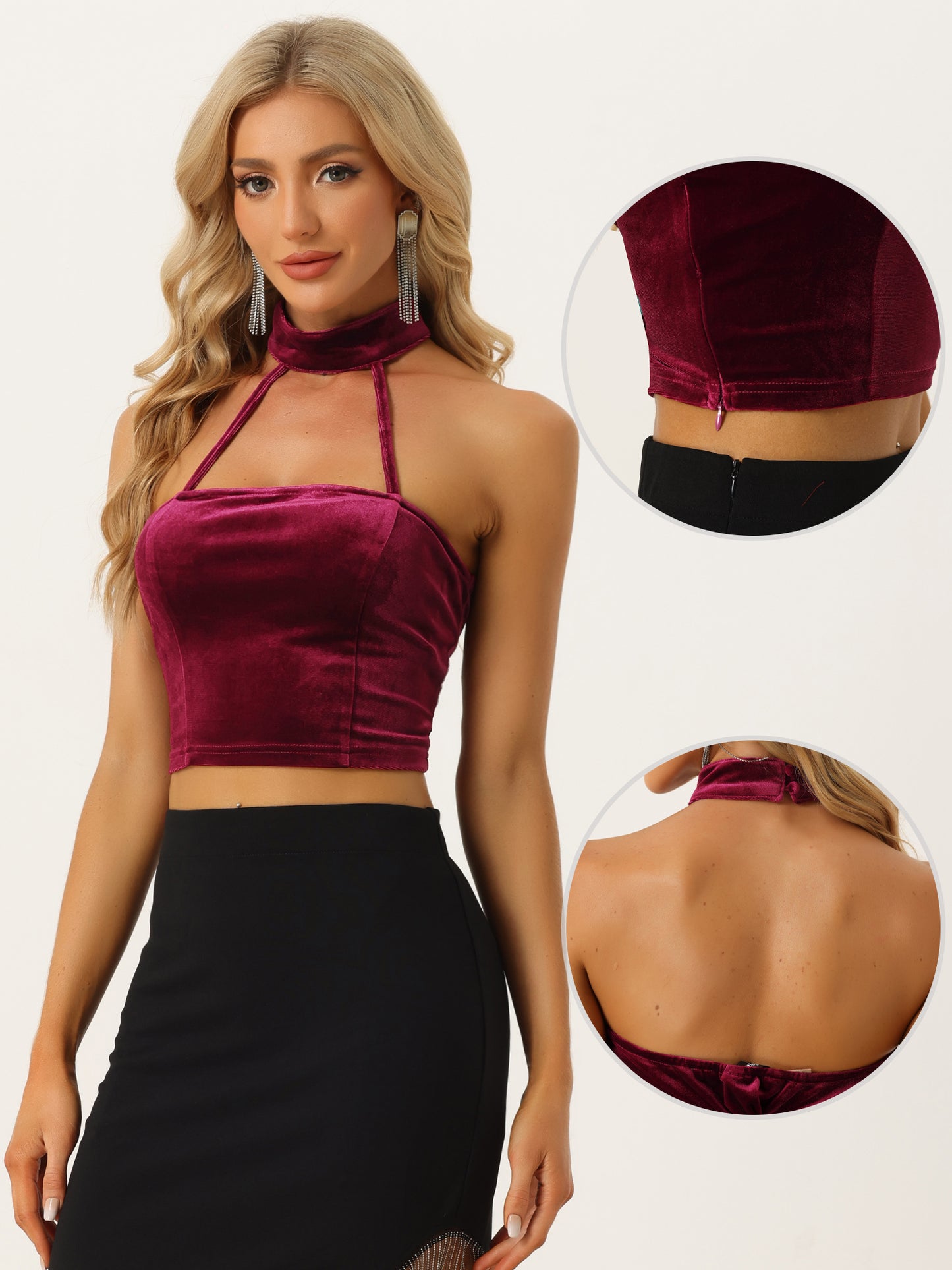 Women's Gothic Velvet Halter Cold Shoulder Camis Party Tanks Punk Sleeveless Crop Top