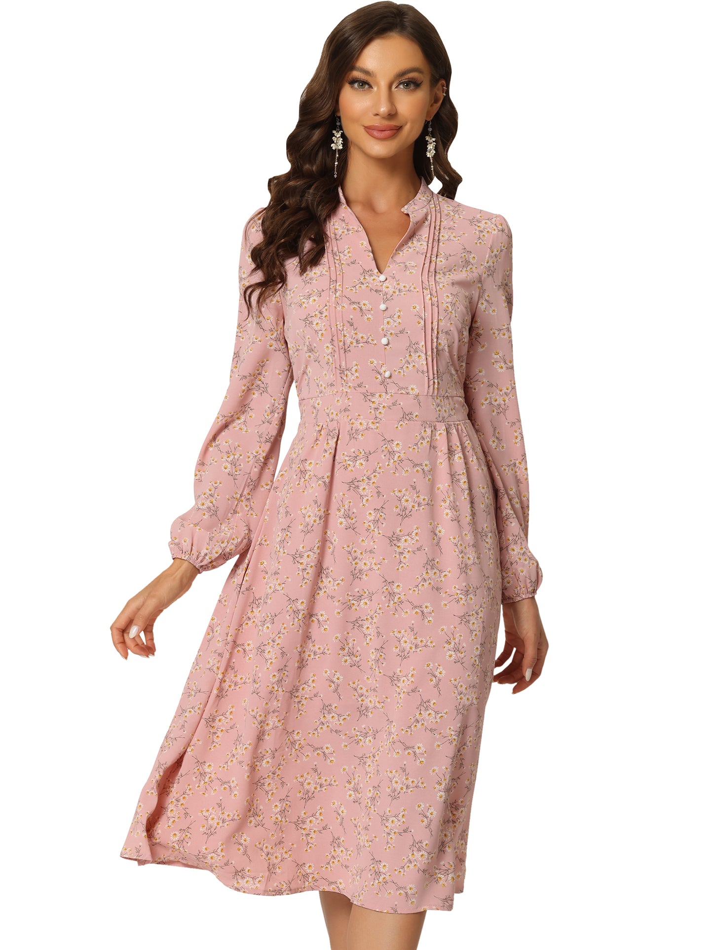 Women's Floral Print V Neck Long Sleeve High Waist Pleated Front Spring Flowy Midi Boho Dress