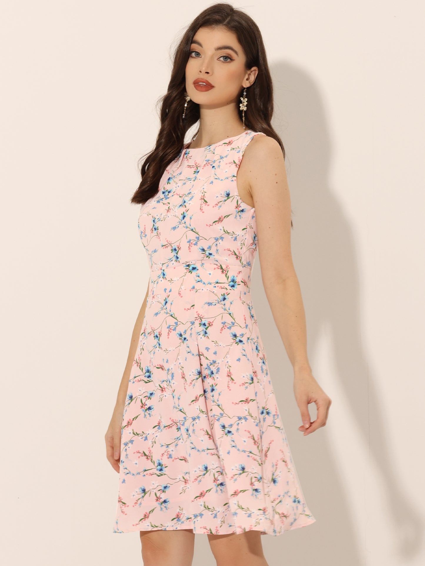 Women's Floral Print Round Neck High Waist Elegant Sleeveless A-Line Short Dress