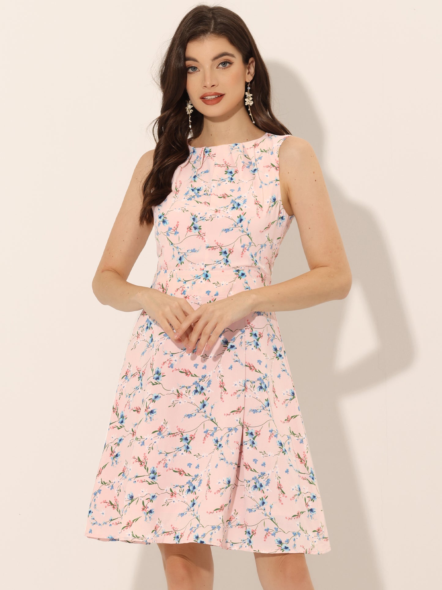 Women's Floral Print Round Neck High Waist Elegant Sleeveless A-Line Short Dress