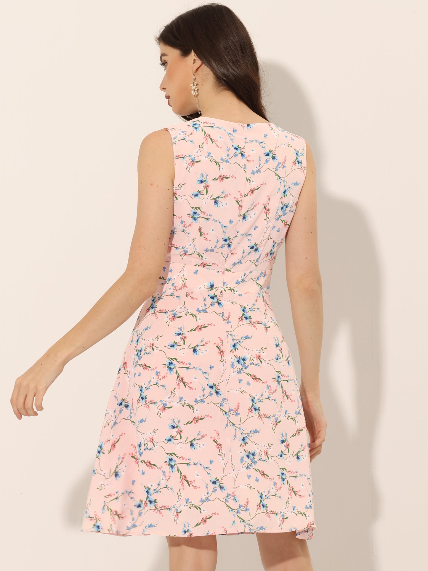 Women's Floral Print Round Neck High Waist Elegant Sleeveless A-Line Short Dress