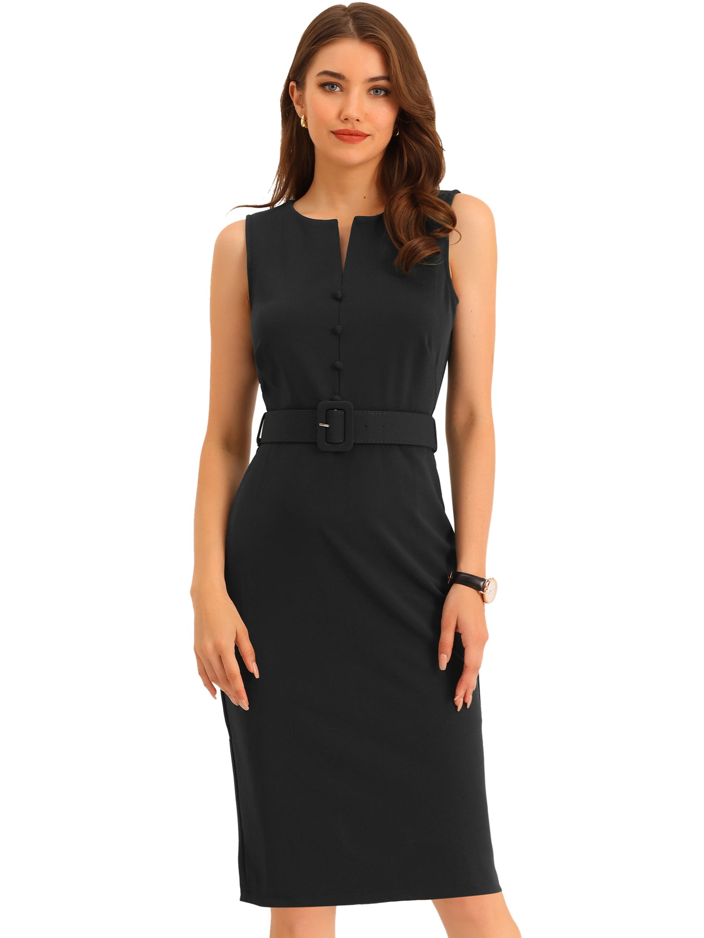 Women's Elegant Round Neck Belted Bodycon Pencil Dress Sleeveless Work Sheath Dress