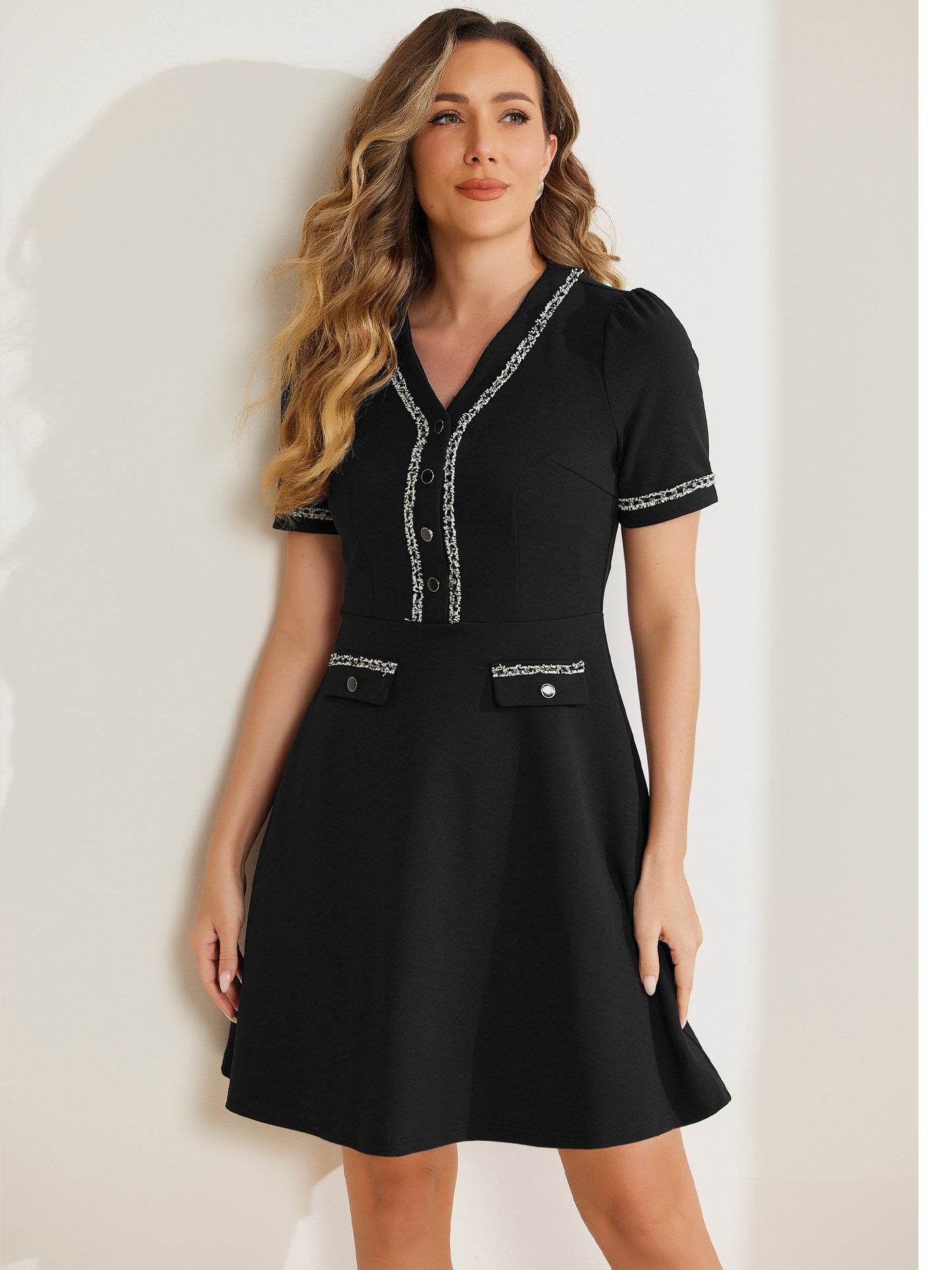 Women's Half Placket V Neck Short Sleeve Knit A-Line Dress