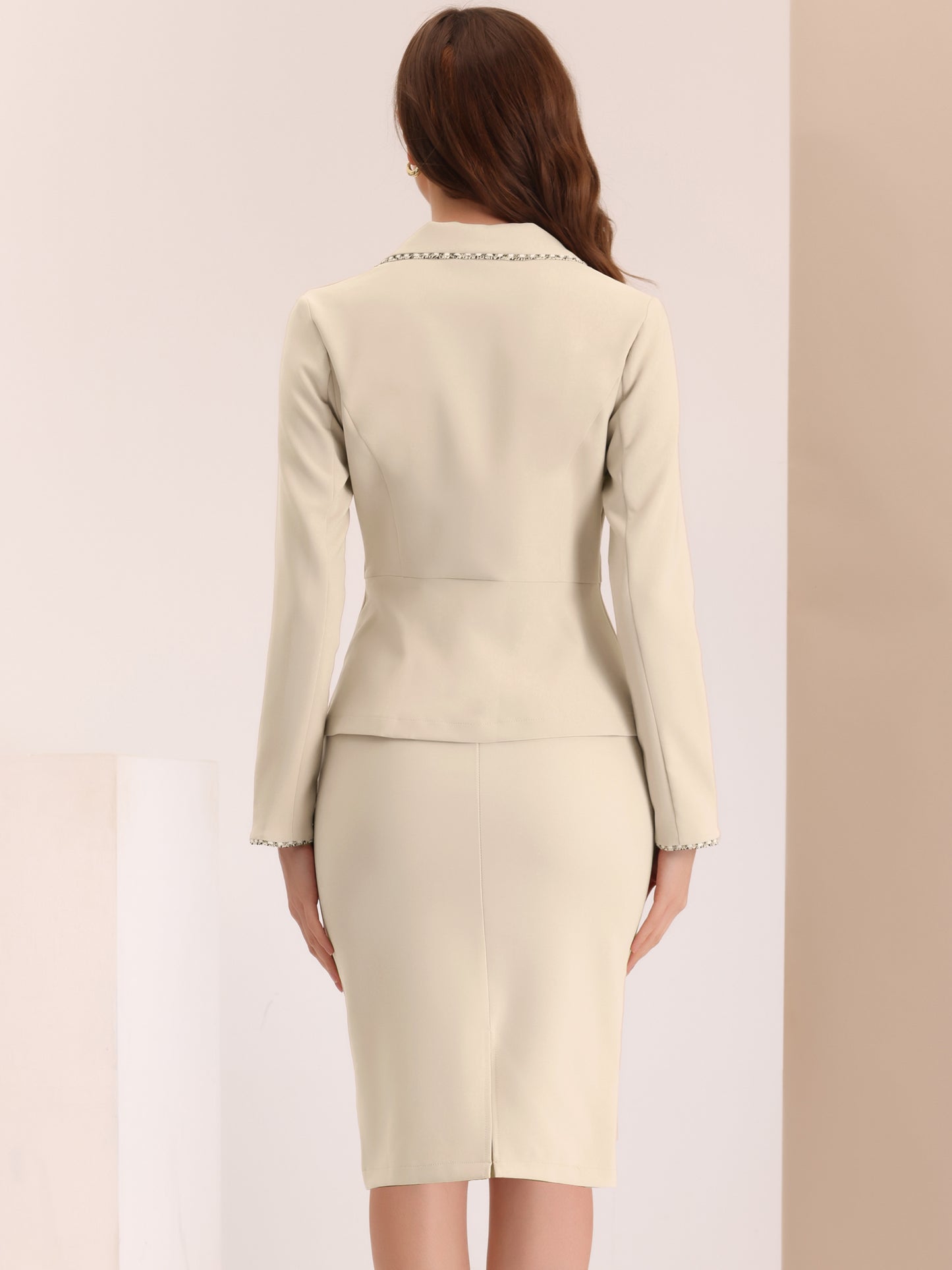 Women's 2 Piece Suit Skirt Set Tweed Trim Blazer Knee Length Pencil Skirt Business Office Wear