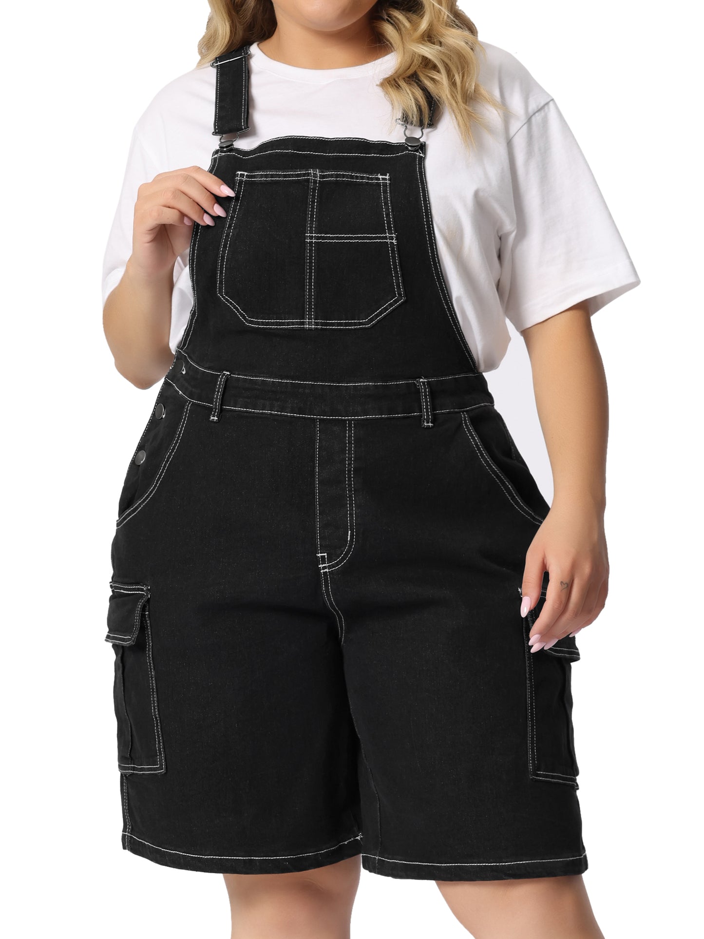 Women Plus Size Overall Shorts Jumpsuit Adjustable Strap Bib Cargo Pocket Jean Denim Overalls