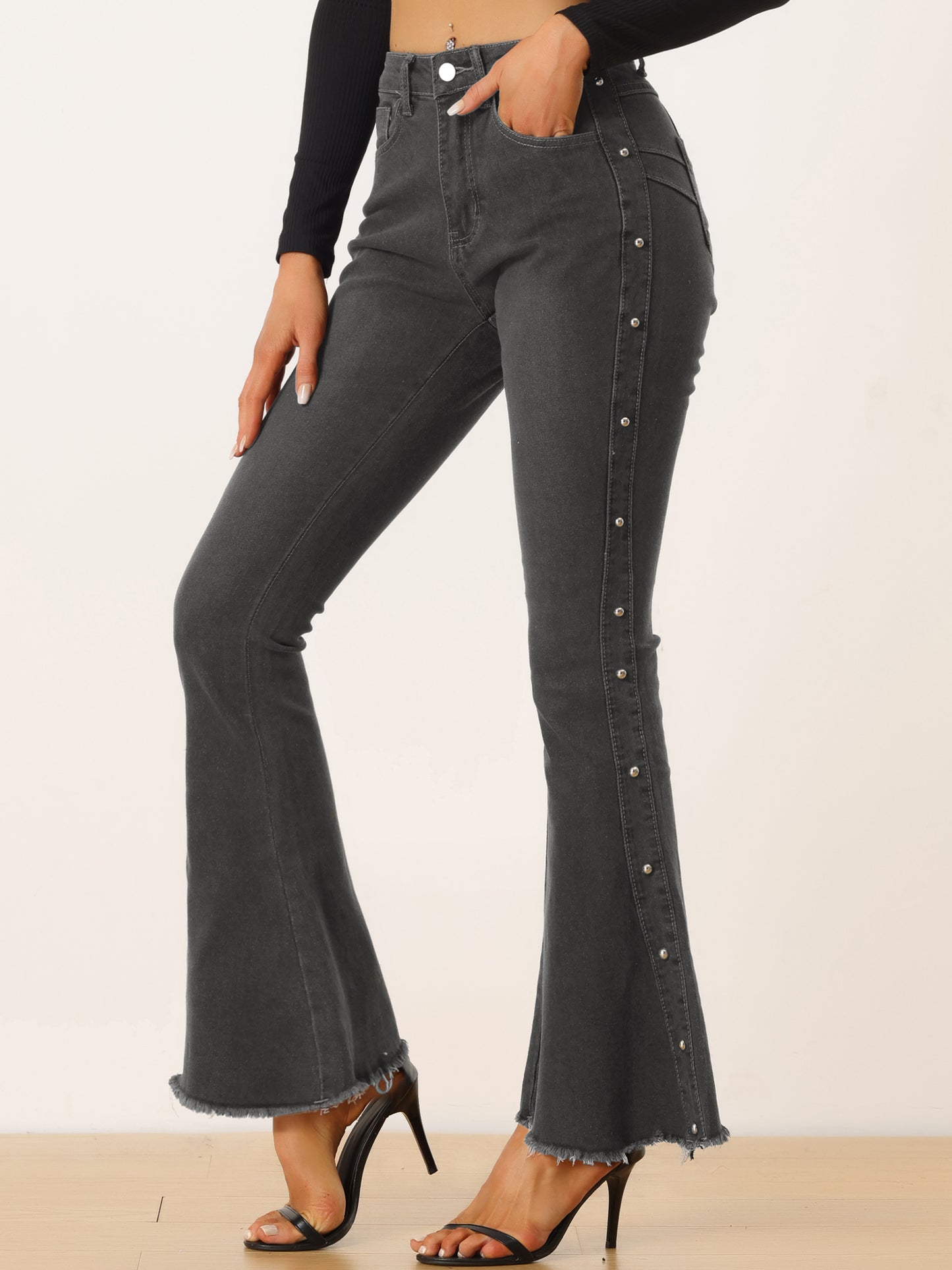 Women's Bell Bottom Jeans Casual Beaded Raw Hem Stretch Flared Denim Pants