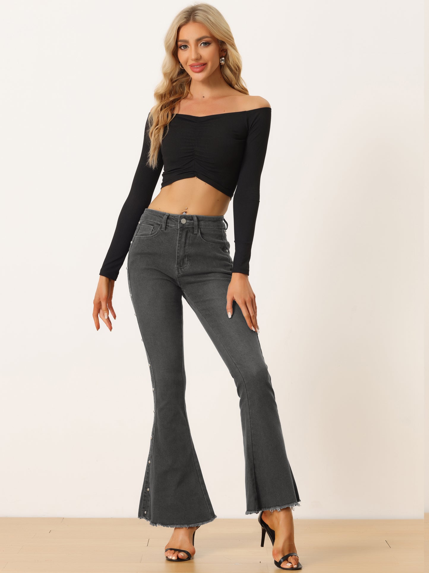 Women's Bell Bottom Jeans Casual Beaded Raw Hem Stretch Flared Denim Pants