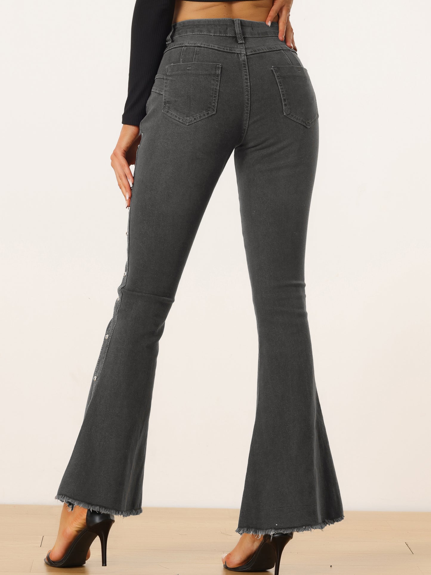 Women's Bell Bottom Jeans Casual Beaded Raw Hem Stretch Flared Denim Pants