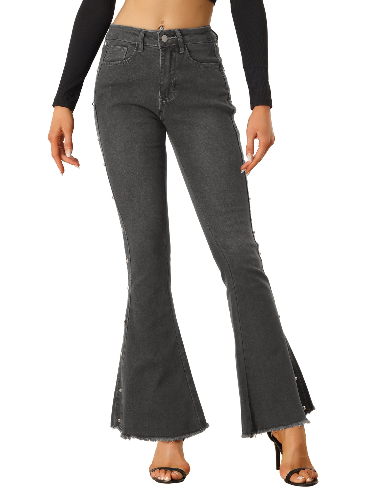 Women's Bell Bottom Jeans Casual Beaded Raw Hem Stretch Flared Denim Pants