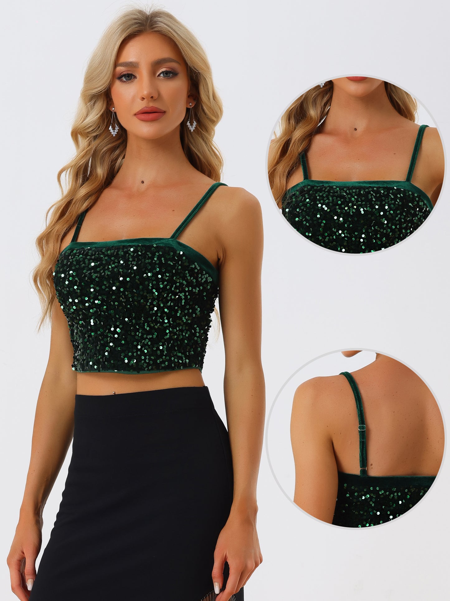 Top corto de tirantes finos de terciopelo con lentejuelas para mujer para fiesta en club