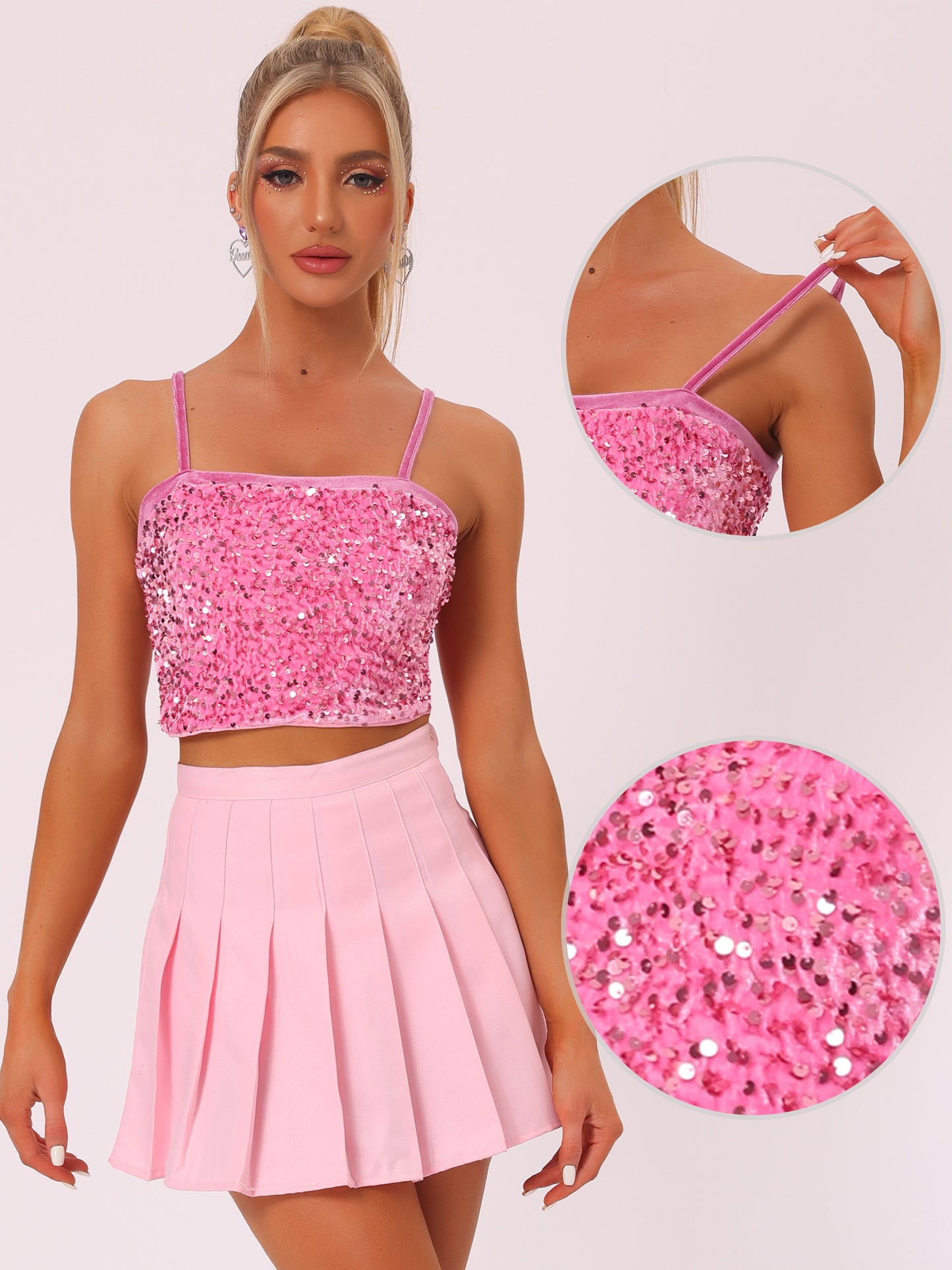 Top corto de tirantes finos de terciopelo con lentejuelas para mujer para fiesta en club