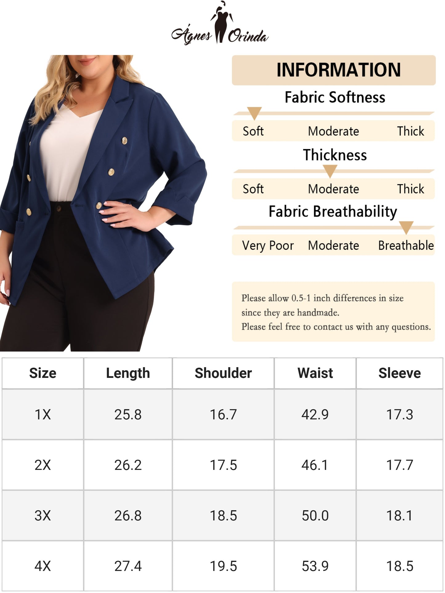 Women Plus Size Business Suit Blazer Office Work Button 3/4 Sleeve Black Blazers Jackets