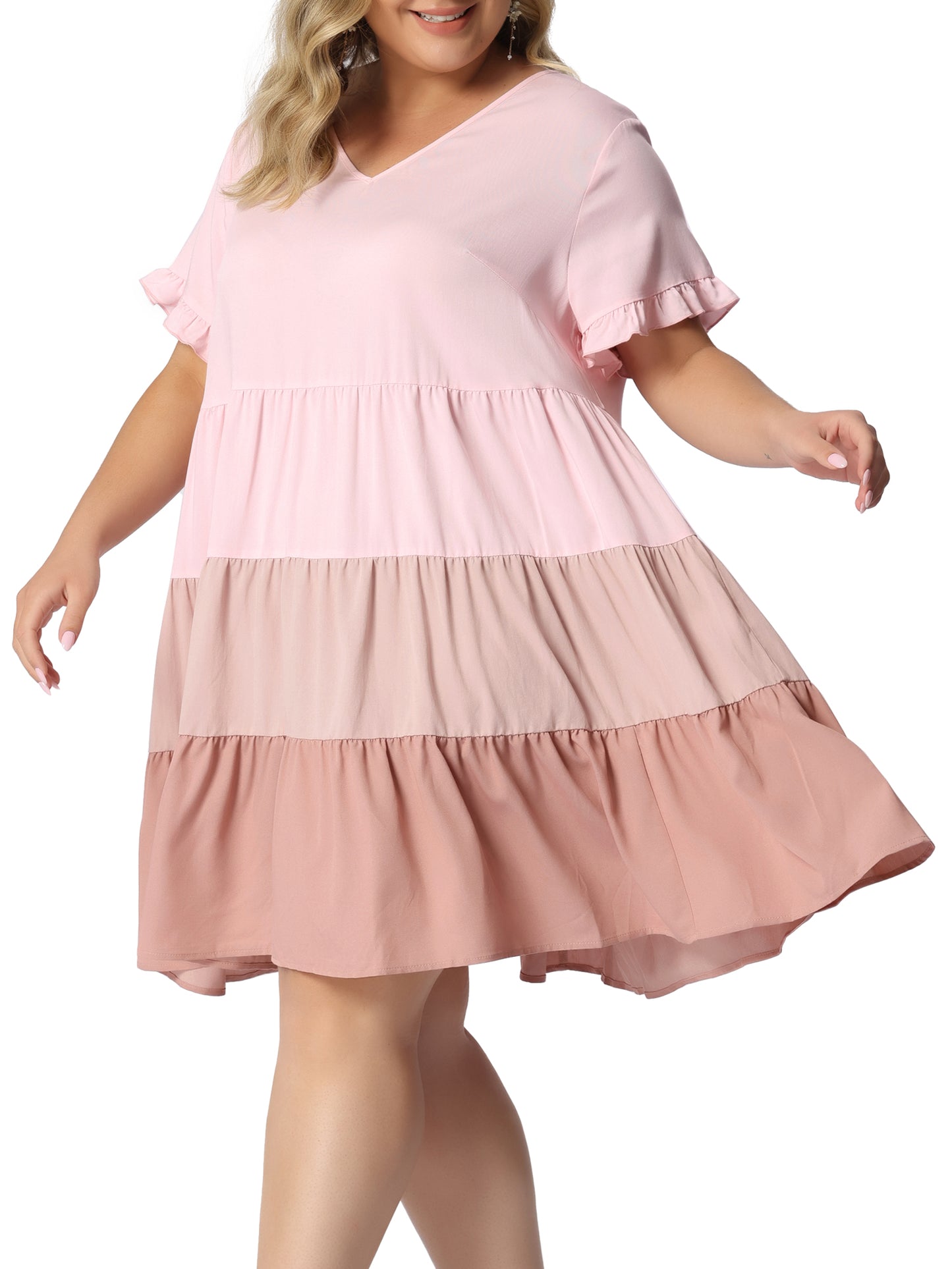 Women's Plus Size Babydoll Ruffle Short Sleeve Casual Loose Flowy Swing Hem Chambray V Neck Mini Dress
