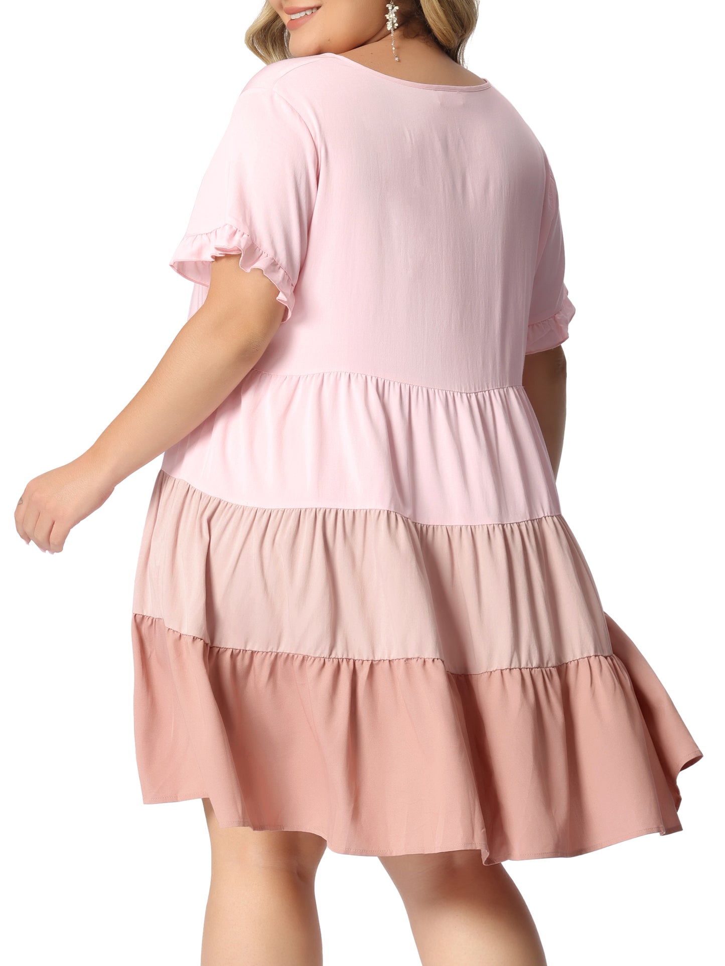 Women's Plus Size Babydoll Ruffle Short Sleeve Casual Loose Flowy Swing Hem Chambray V Neck Mini Dress