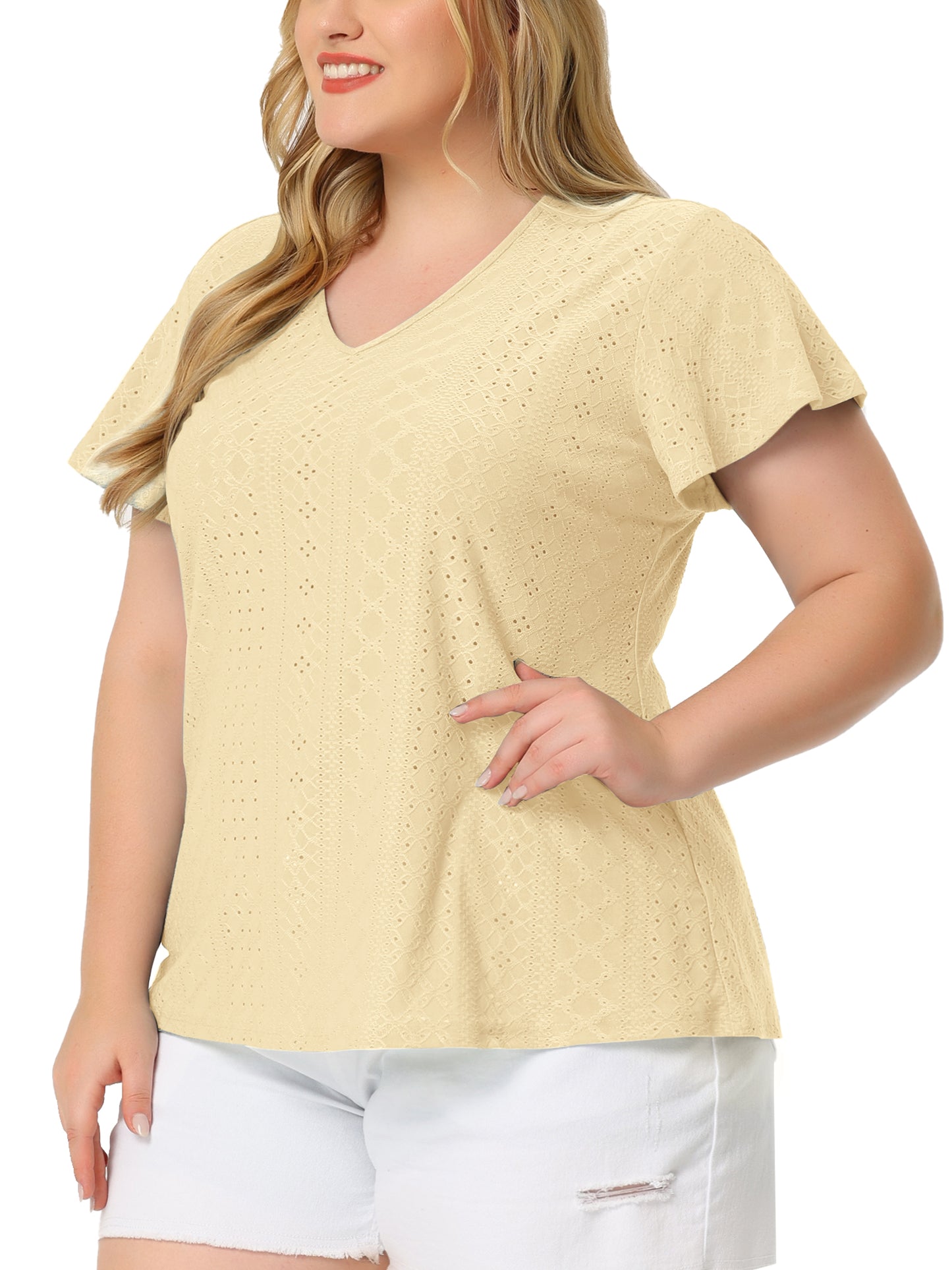 Women's Plus Size Summer Tee V Neck Hollow Flare Short Sleeve Casual Top Tunic