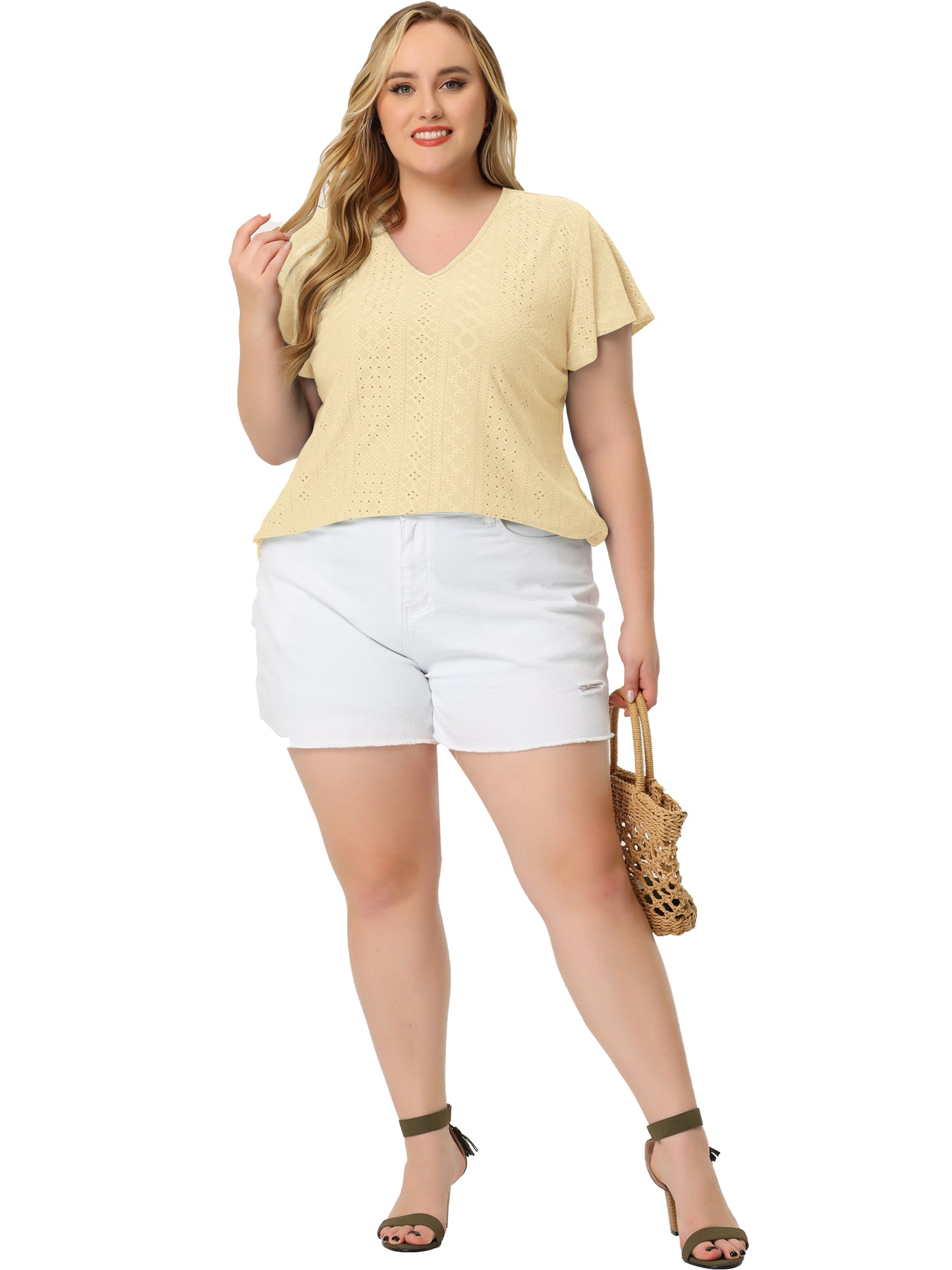 Women's Plus Size Summer Tee V Neck Hollow Flare Short Sleeve Casual Top Tunic