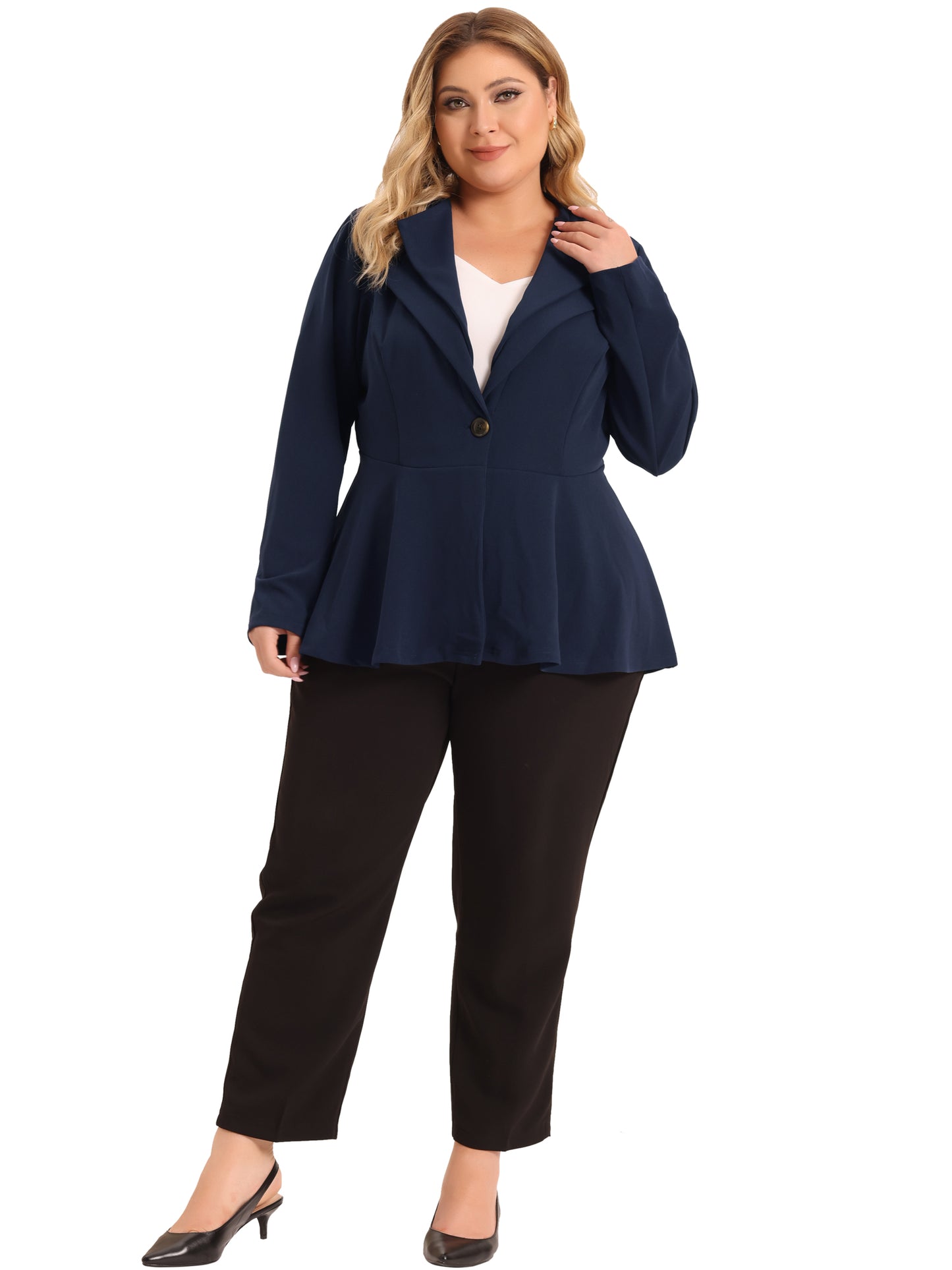 Women's Plus Size Casual Blazers Work Office Double Notch Lapel Peplum Jacket Blazer