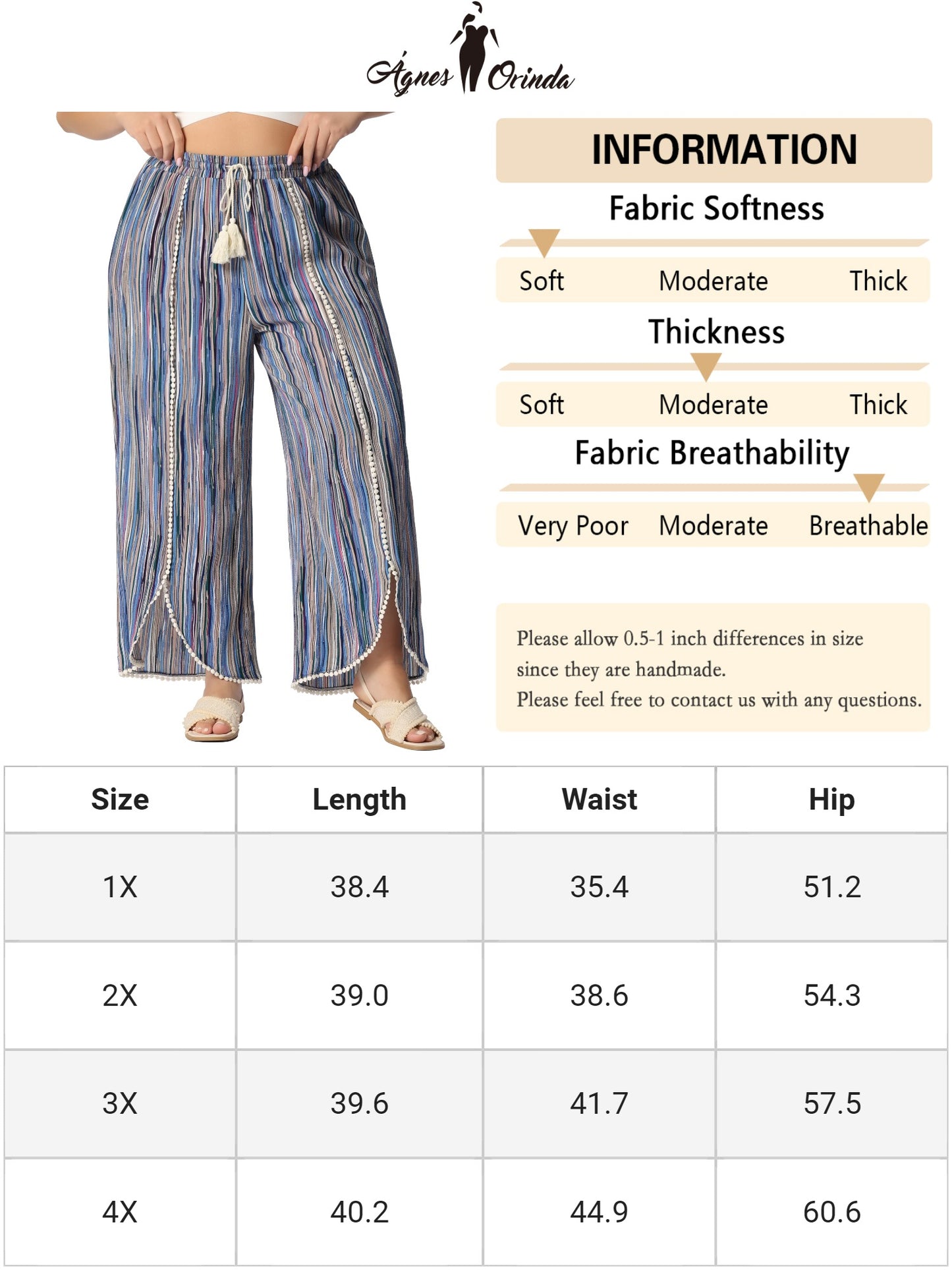 Women Plus Size Split Elastic Waist Flowy Striped Wide Leg Pants