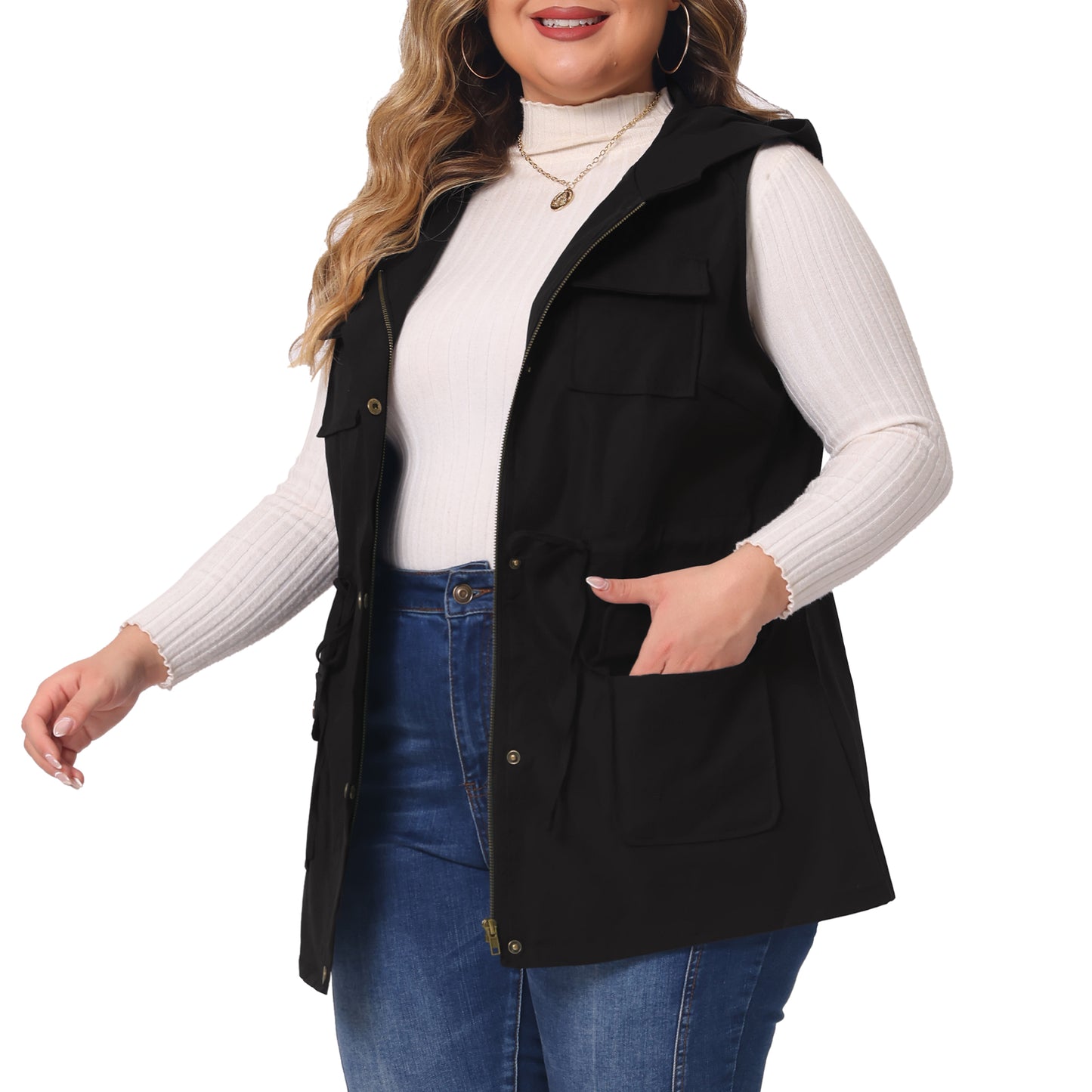Women Plus Size Anorak Utility Vest Drawstring Lightweight Sleeveless Cargo Hooded Jacket