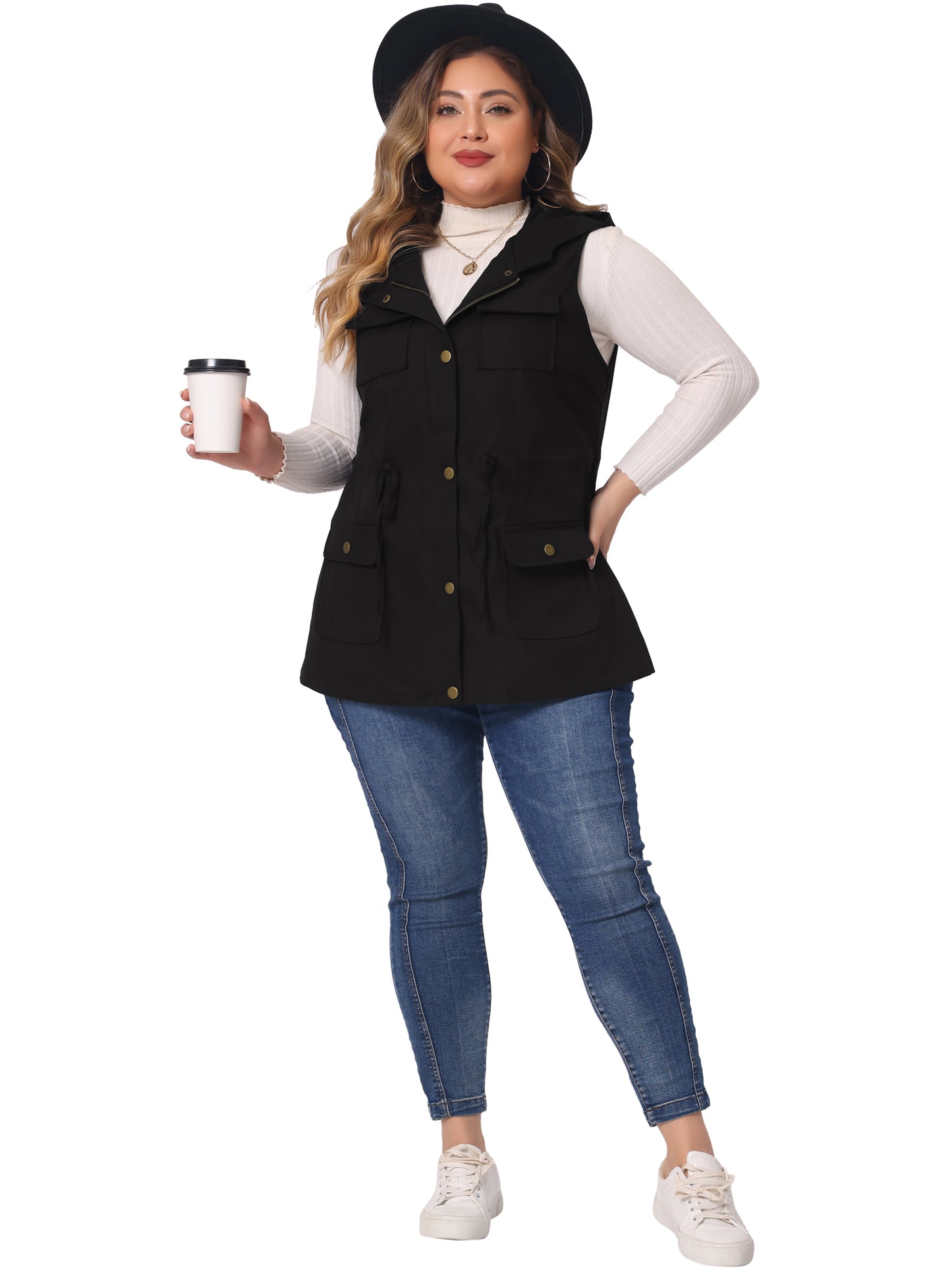 Women Plus Size Anorak Utility Vest Drawstring Lightweight Sleeveless Cargo Hooded Jacket