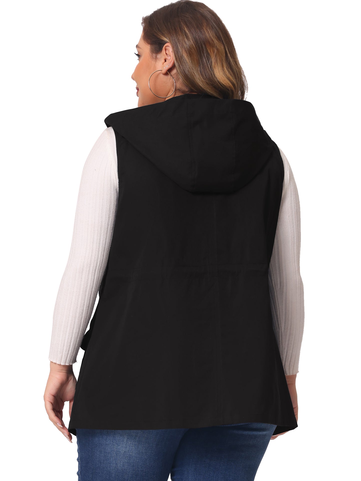 Women Plus Size Anorak Utility Vest Drawstring Lightweight Sleeveless Cargo Hooded Jacket