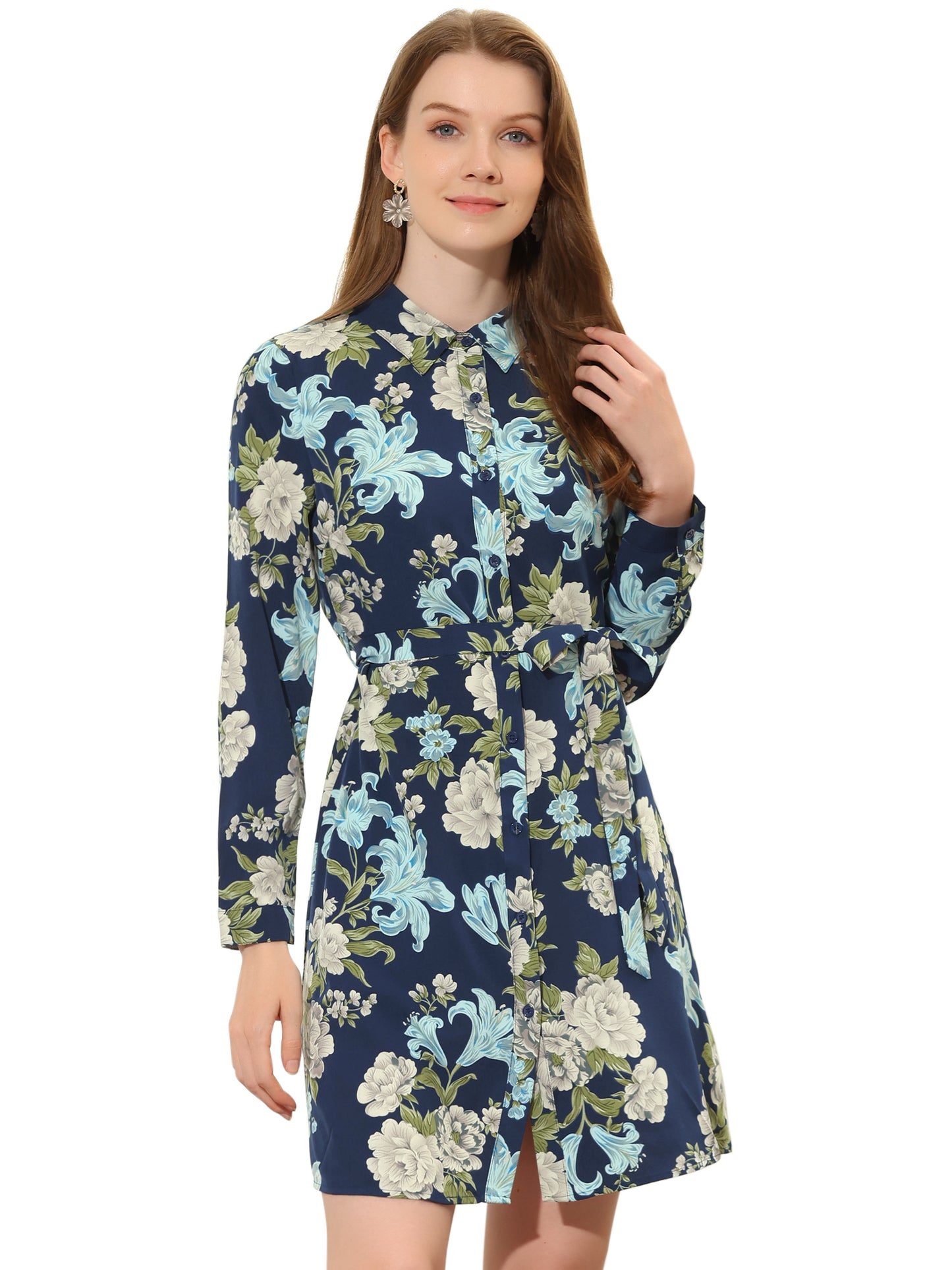 Women's Button Down Collar Tie Belted Print Shirt Dress
