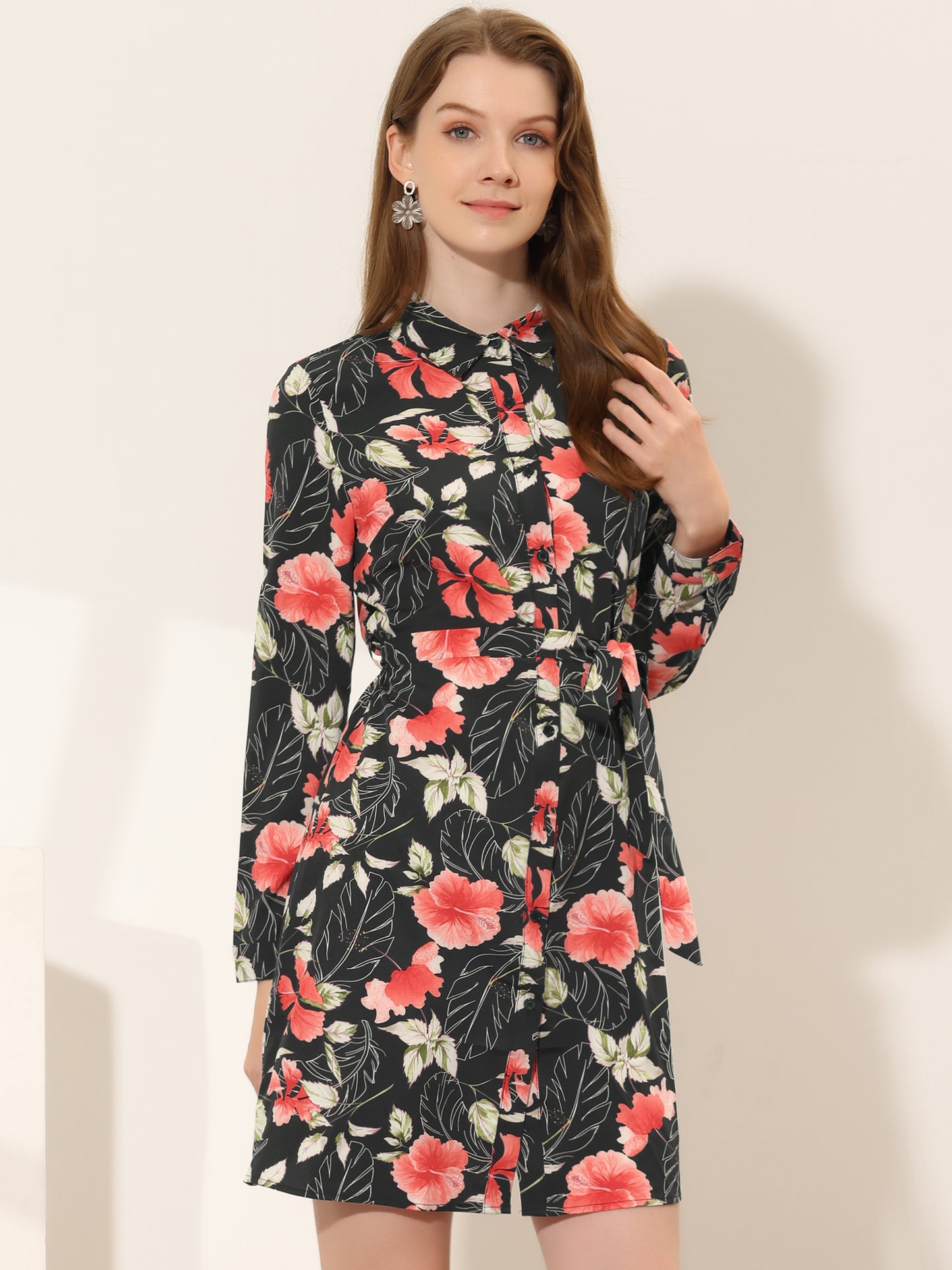 Women's Button Down Collar Tie Belted Print Shirt Dress