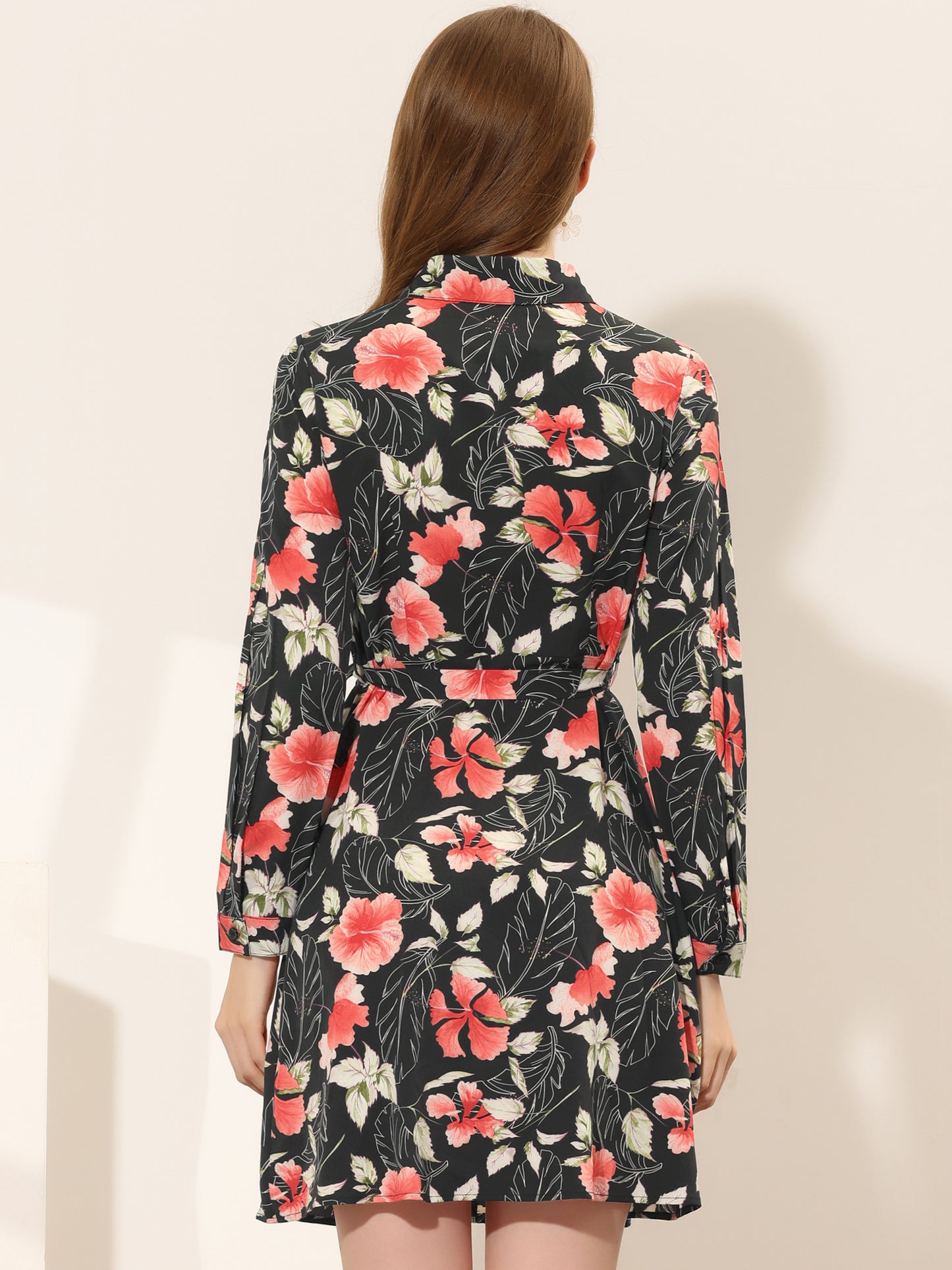 Women's Button Down Collar Tie Belted Print Shirt Dress