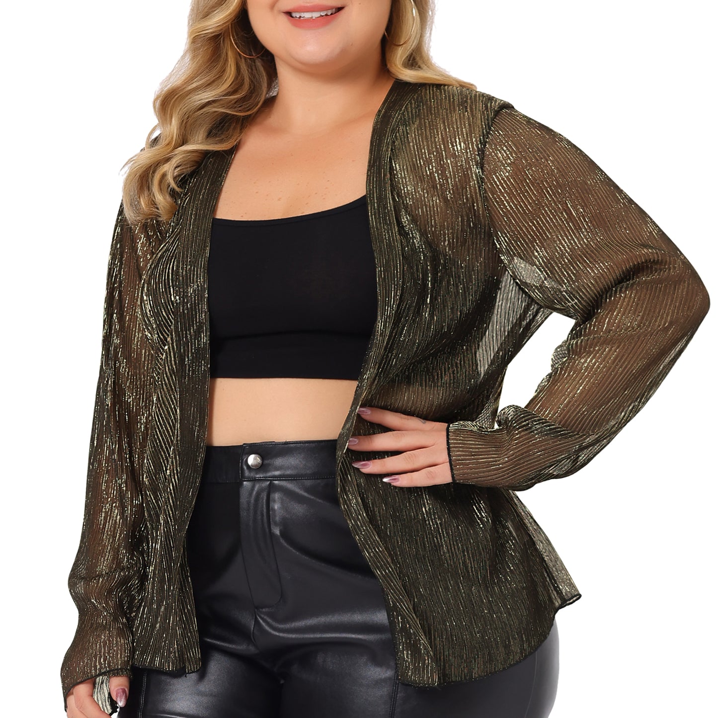 Women Plus Size Cardigan Sheer Open Front Long Sleeve Glitter Party Shirt