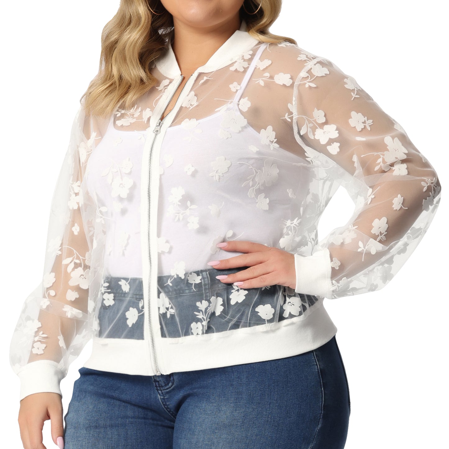 Women Plus Size Jacket Sheer Floral Lace Long Sleeve Baseball Jacket