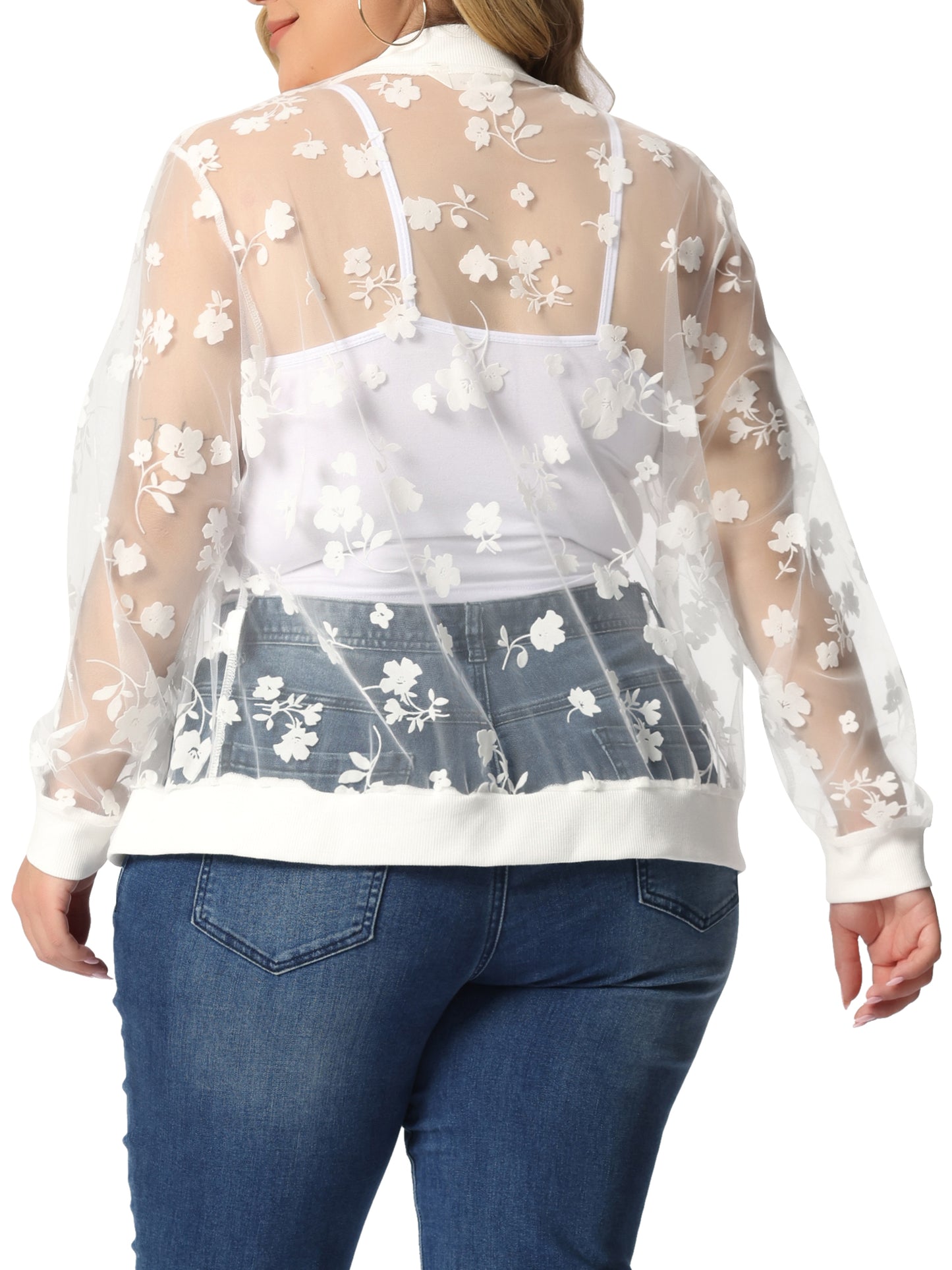 Women Plus Size Jacket Sheer Floral Lace Long Sleeve Baseball Jacket