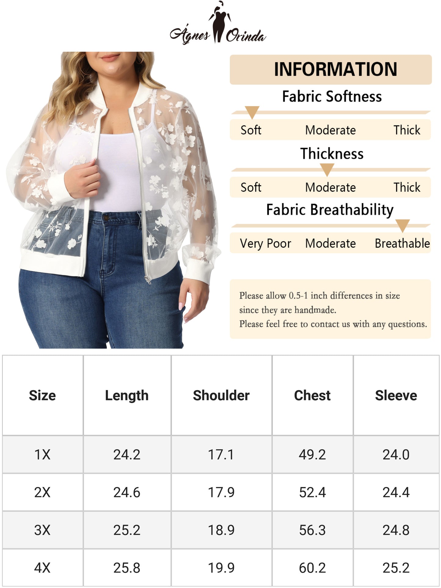 Women Plus Size Jacket Sheer Floral Lace Long Sleeve Baseball Jacket