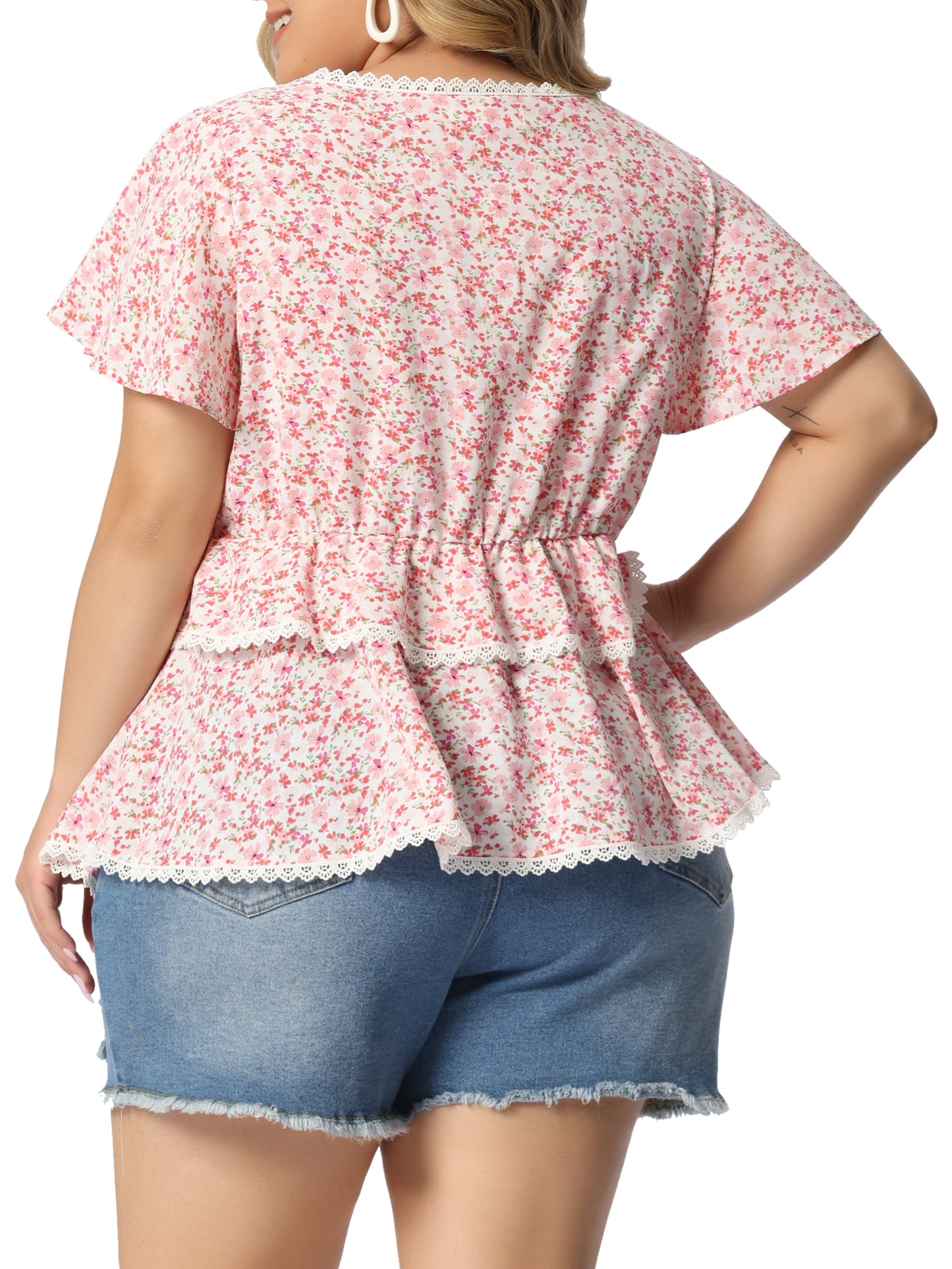 Women Plus Size Tiered Blouse Floral Babydoll Sweetheart Ruffle Short Sleeve Top