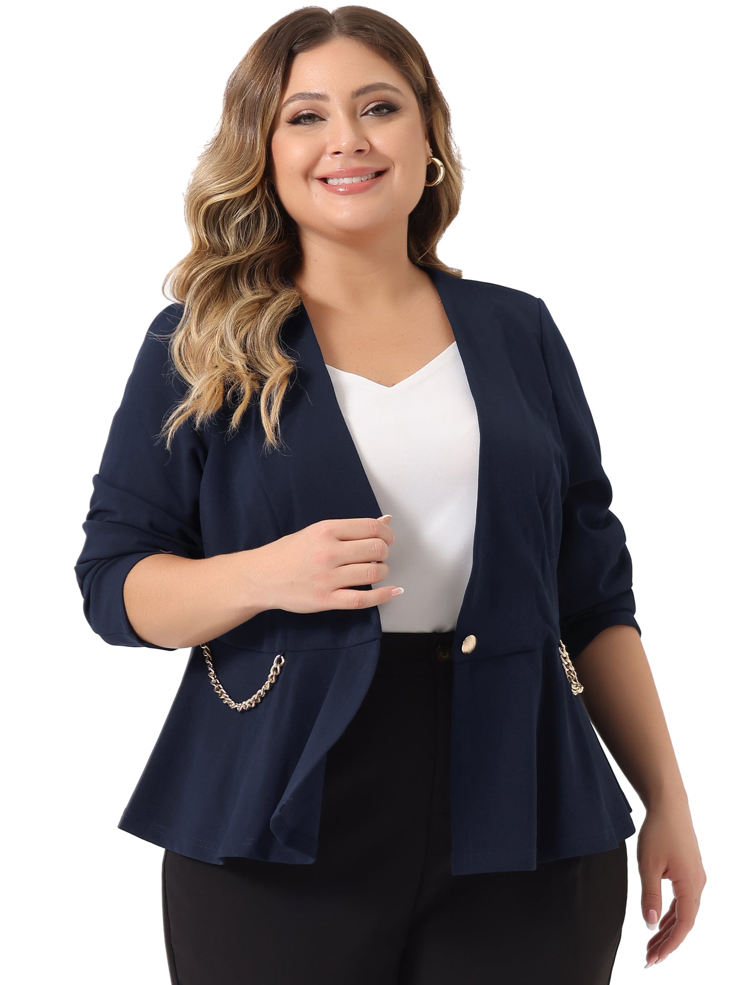 Women Plus Size Blazer Work Button Chain Office Jacket Peplum Blazer