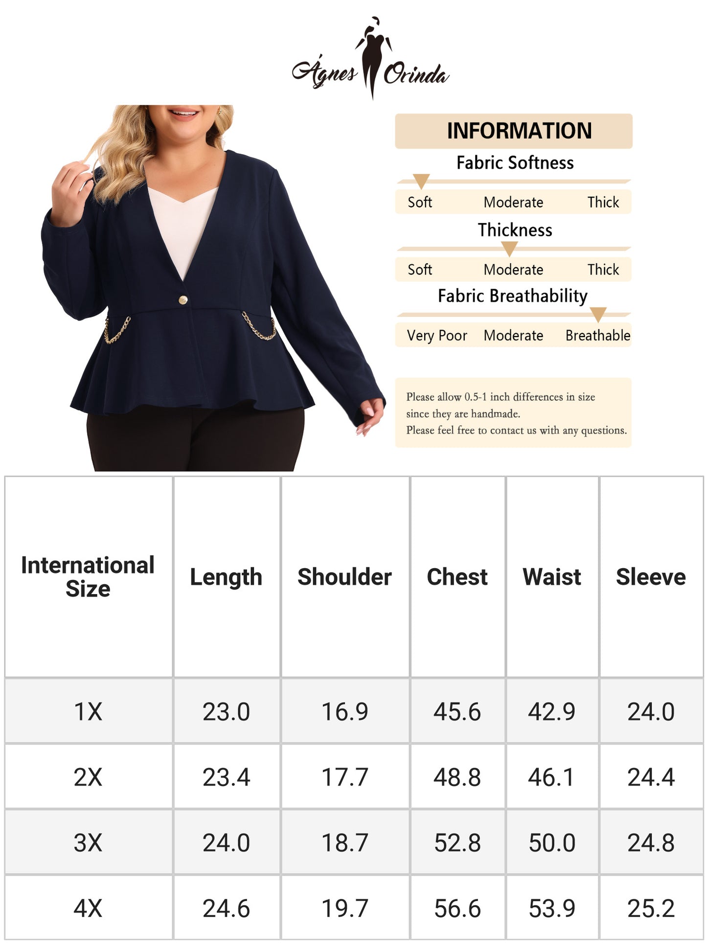 Women Plus Size Blazer Work Button Chain Office Jacket Peplum Blazer