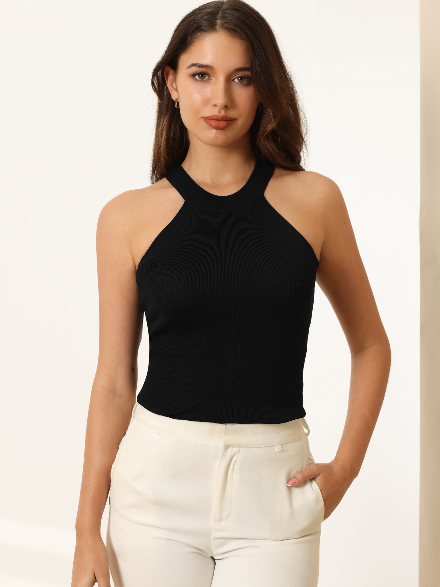 Women's Sleeveless Knit Top Halter Neck Ribbed Slim Cami Tank Top