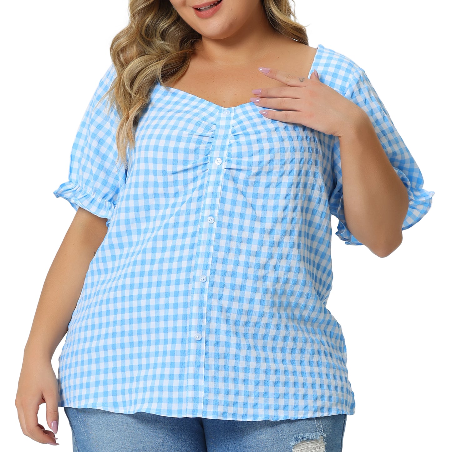 Women's Plus Size Gingham Tops Vintage Sweetheart V Neck Puff Short Sleeve Summer Blouse Top
