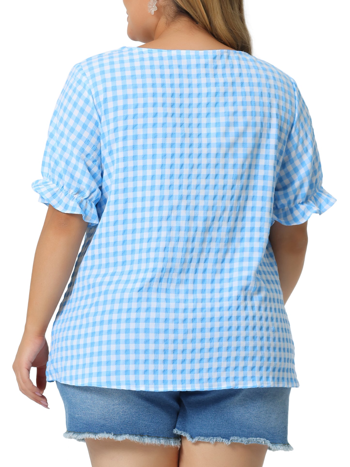 Women's Plus Size Gingham Tops Vintage Sweetheart V Neck Puff Short Sleeve Summer Blouse Top