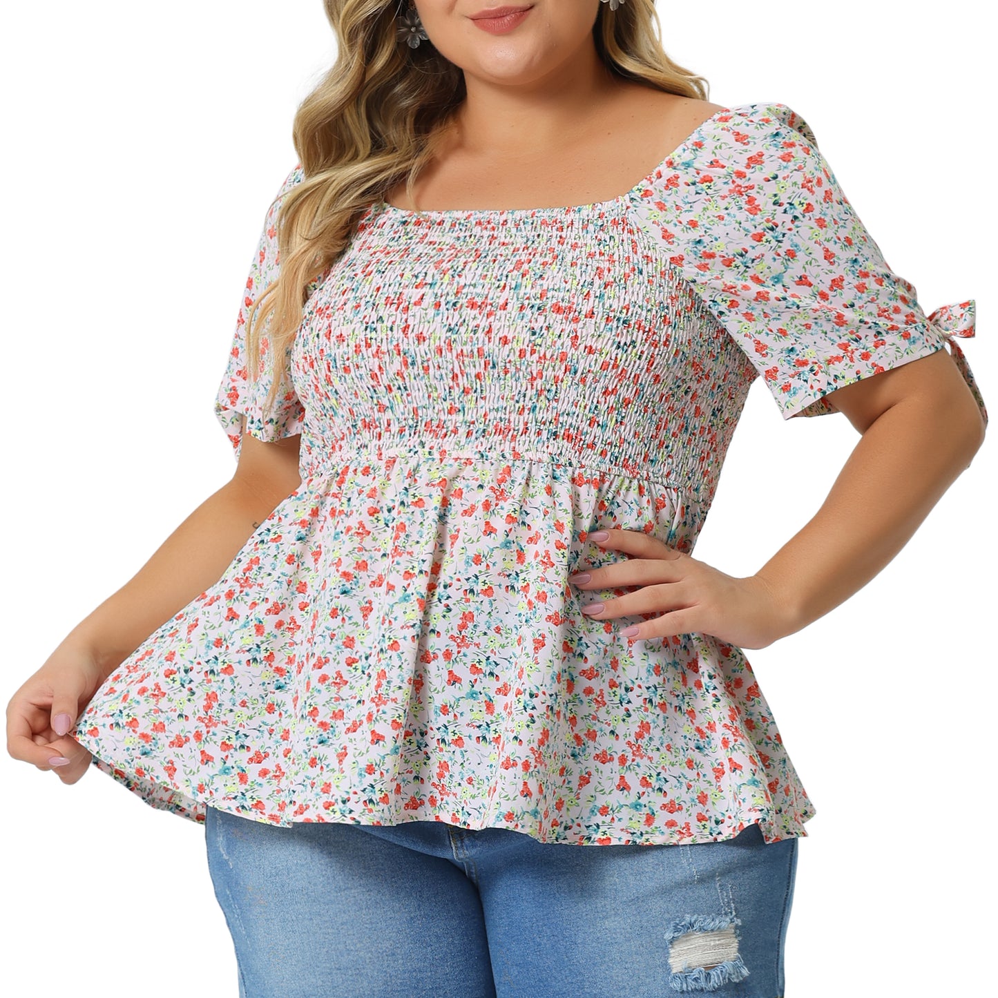 Women Plus Size Summer Top Square Neck Smocked Bow Tie Short Sleeve Peplum Blouse