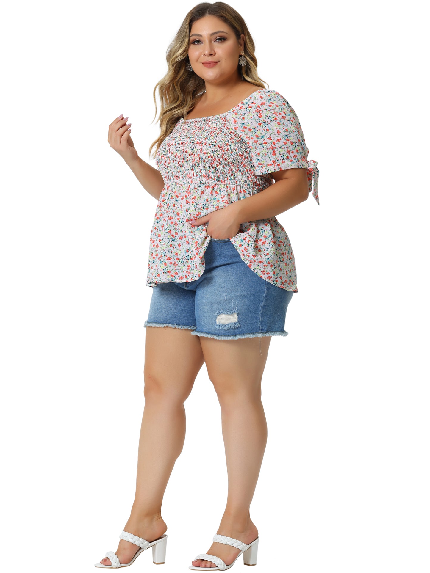 Women Plus Size Summer Top Square Neck Smocked Bow Tie Short Sleeve Peplum Blouse