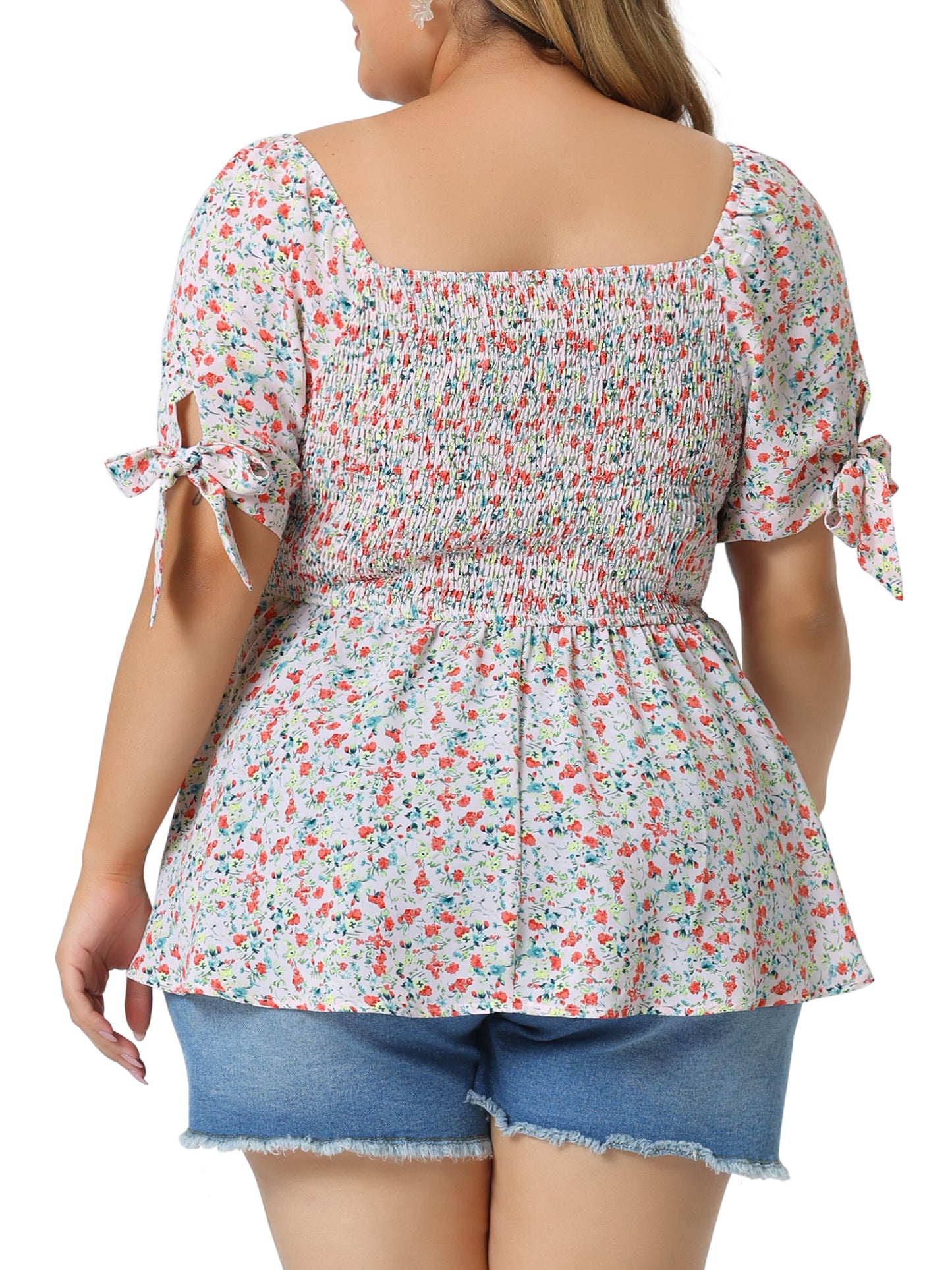 Women Plus Size Summer Top Square Neck Smocked Bow Tie Short Sleeve Peplum Blouse