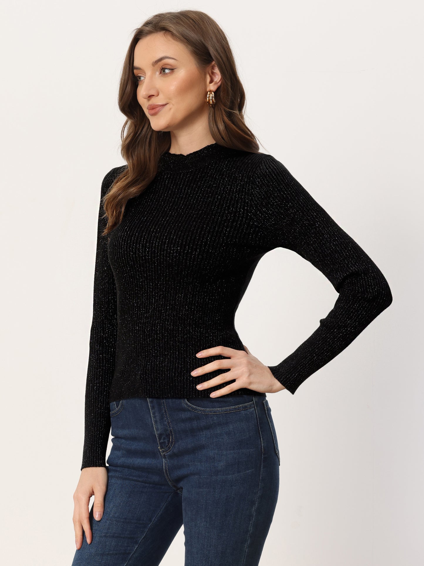 Women's Long Sleeve Glitter Tops Mock Neck Ribbed Knit Top Slim Fit Basic Pullover Sweater Top